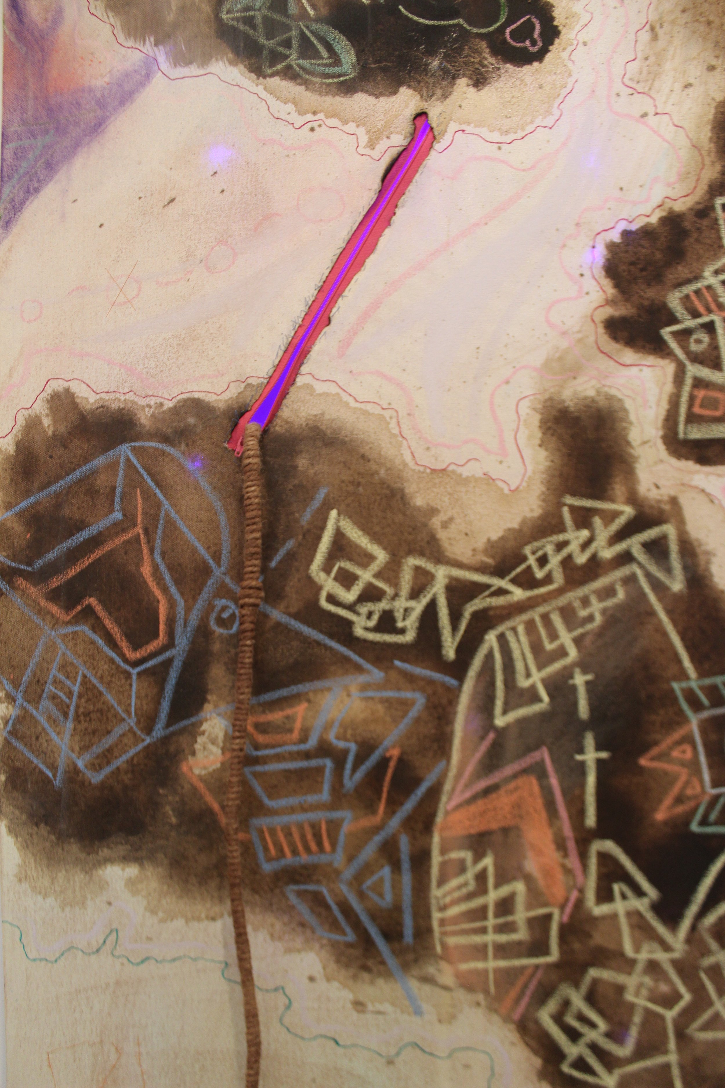 Chutes (detail), 4'x6'
Oil, chalk, ink, pastel, spray paint, zippers and twine
2016