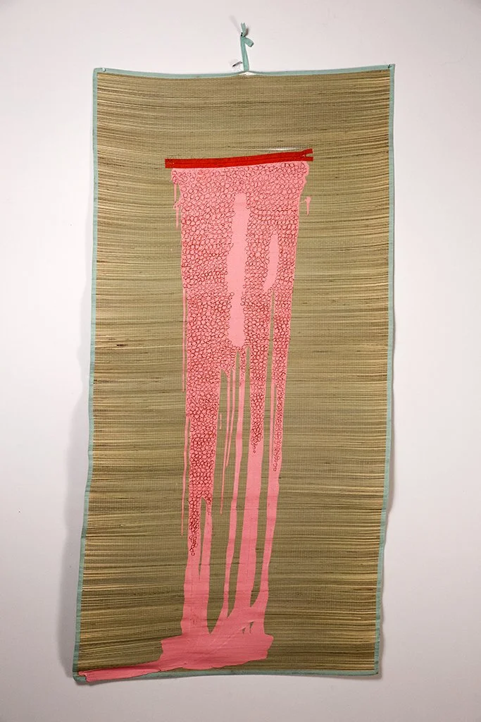 Mat, zipper, latex paint, string and pastel