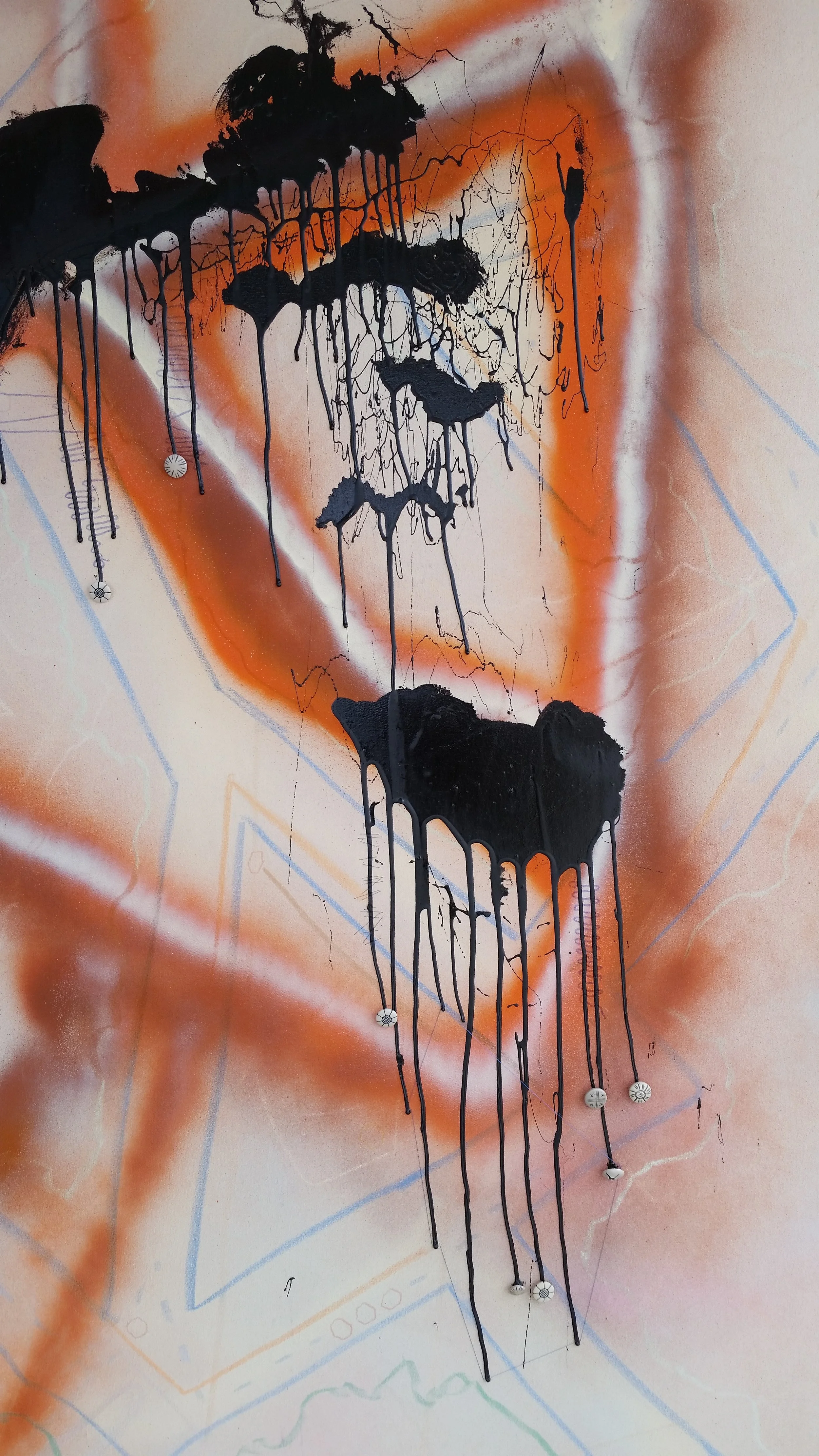 Chutes II (detail), 4'x6'
Spray paint, tar, chalk, pastel, thread and found buttons
2016