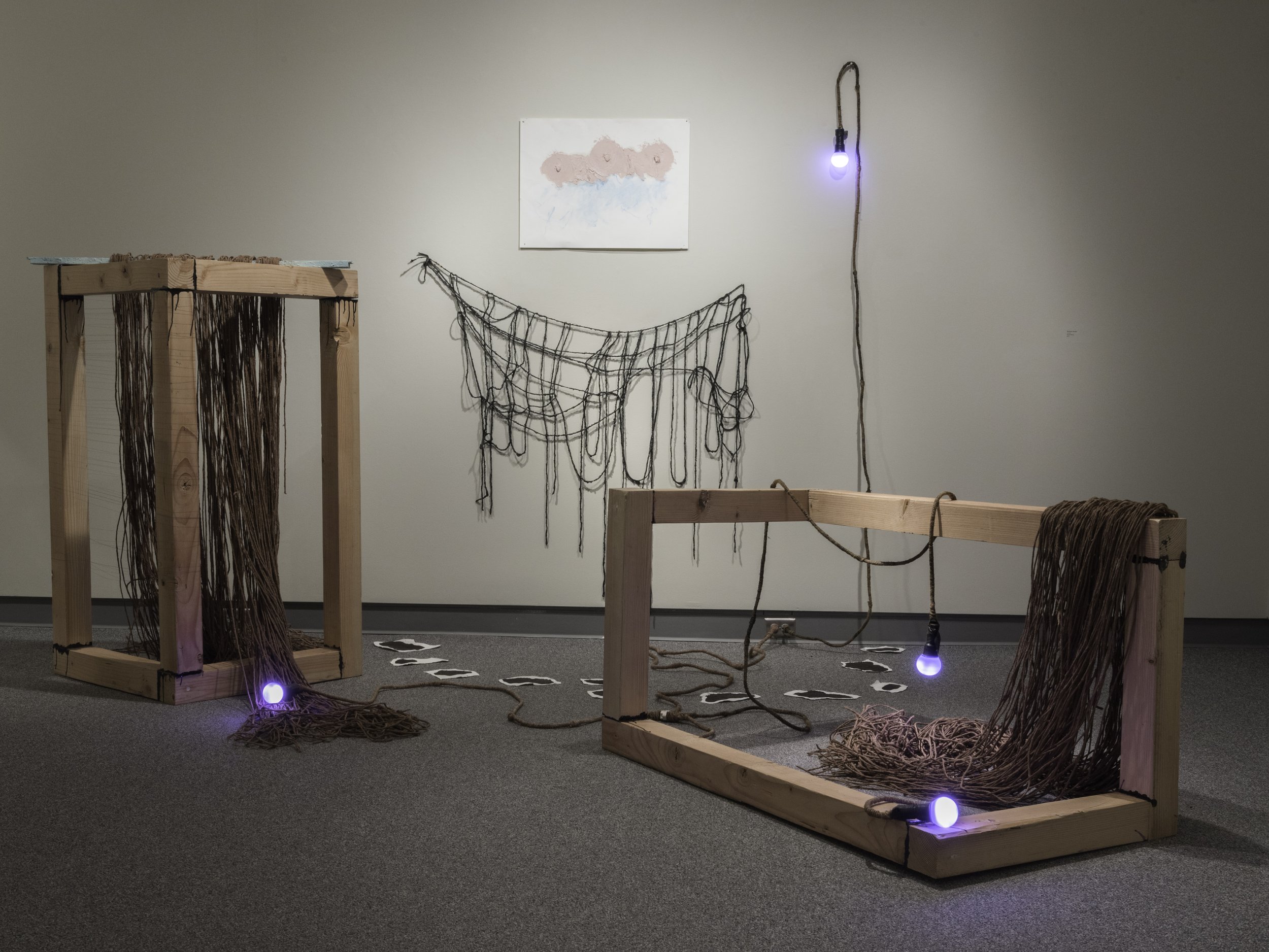 Lacuna(e), Capstone Installation
Wood, tar, oil, chalk, paper, sand, clay, twine and bulbs
2016