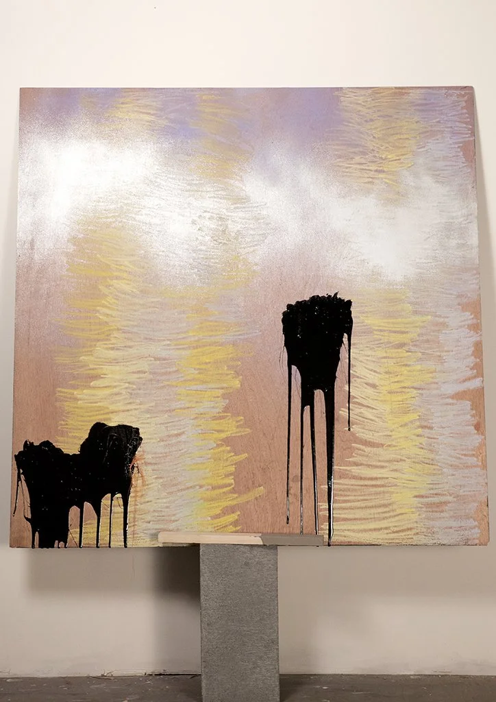 Latex paint, tar, spray paint, string, pastel and wood