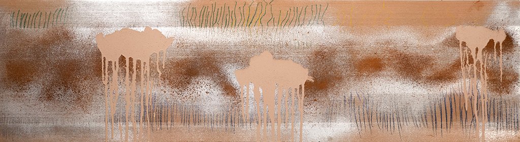 Latex paint, spray paint, pastel and wood