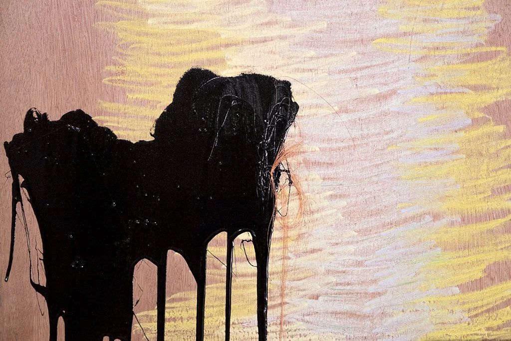 Latex paint, tar, spray paint, string, pastel and wood