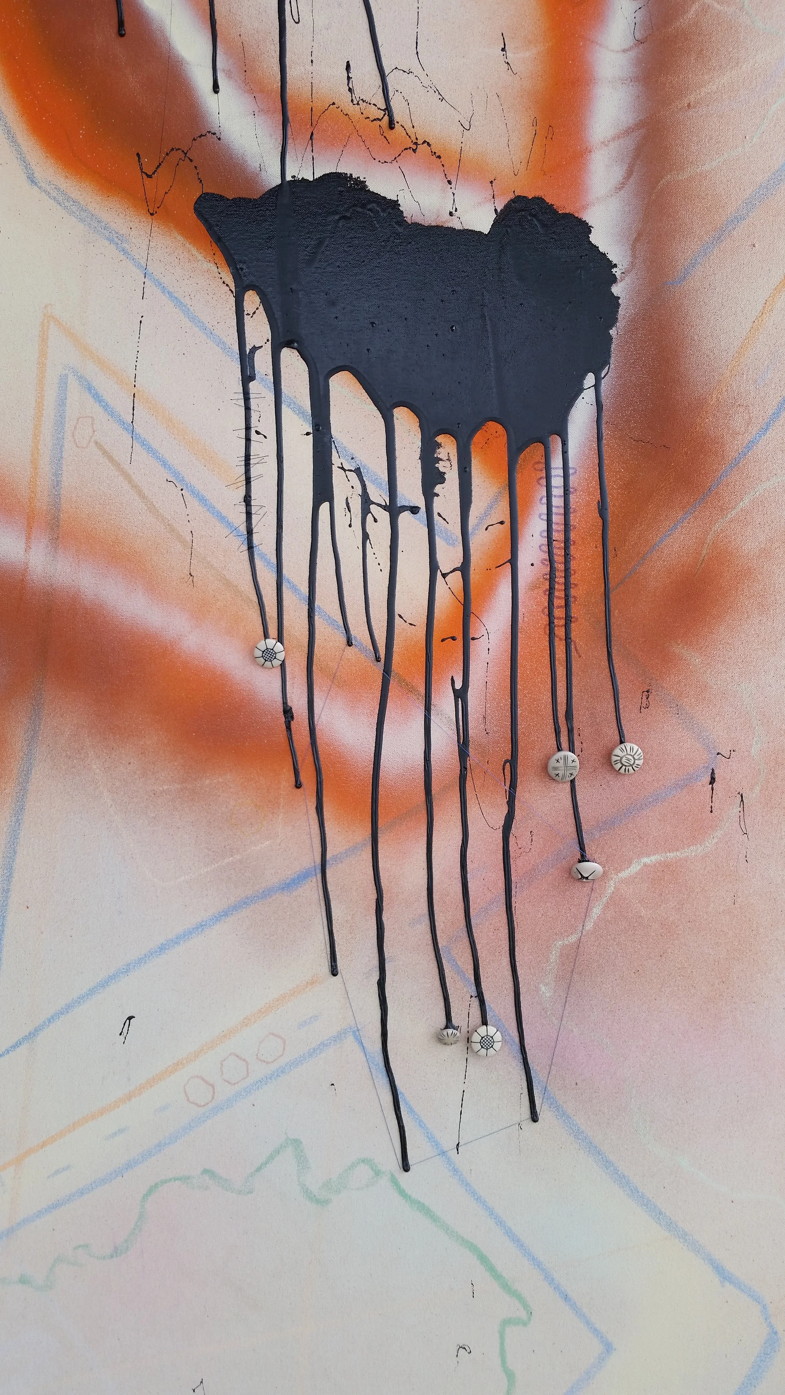 Chutes II (detail), 4'x6'
Spray paint, tar, chalk, pastel, thread and found buttons
2016