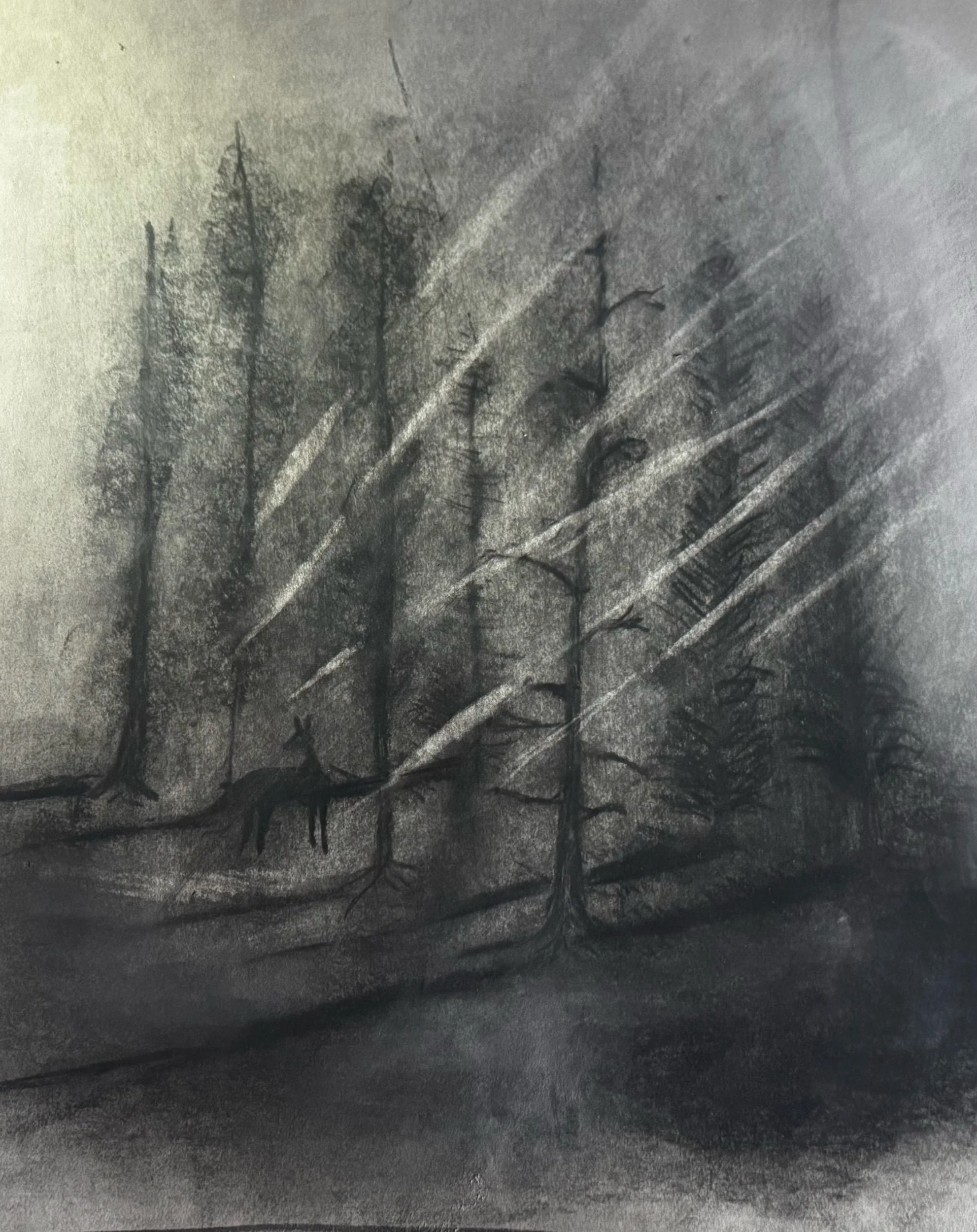 A monochrome drawing of a forest fire with tall trees and smoke, and two deer in the foreground.