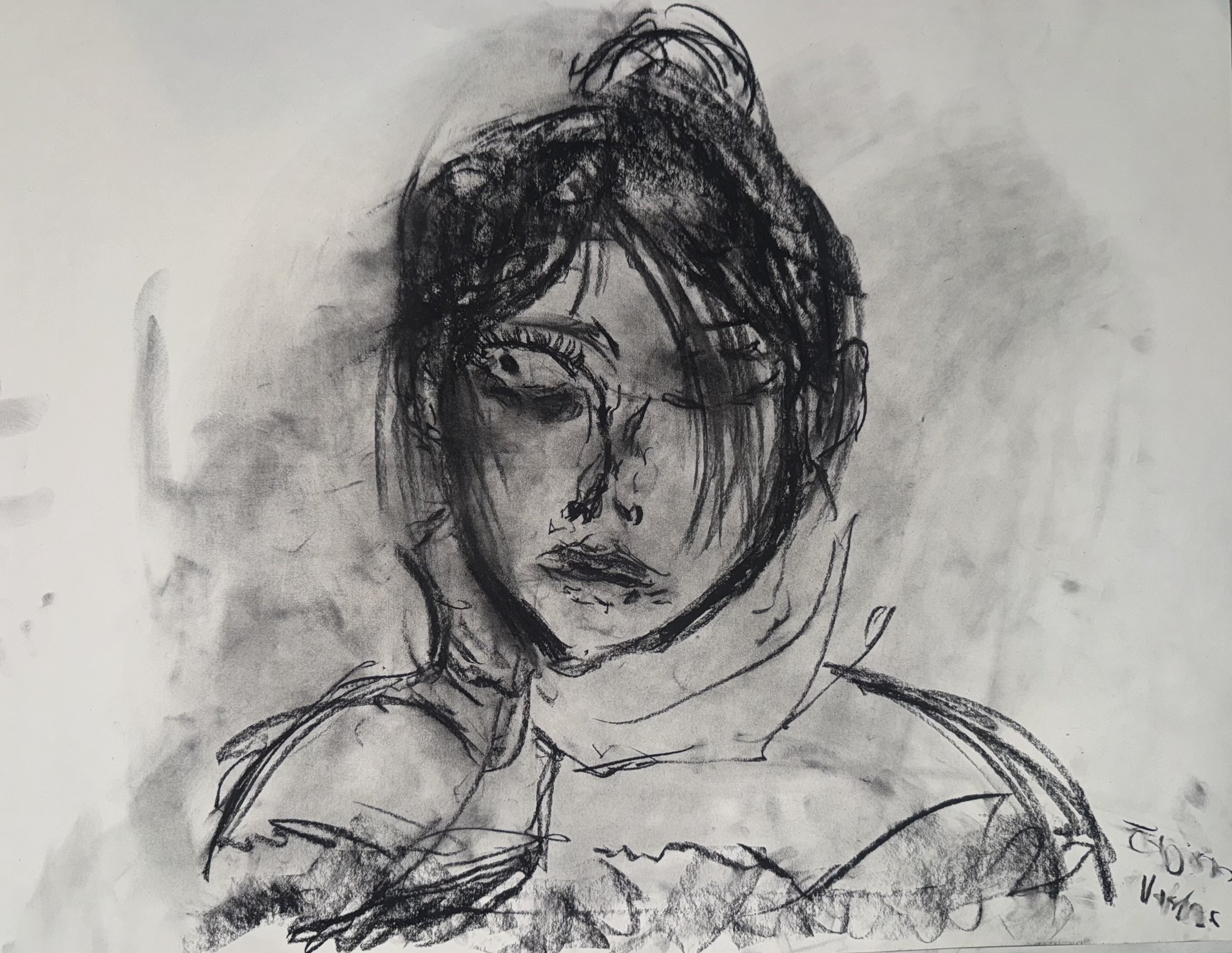 A black and white sketch of a woman with messy hair, one eye open and the other eye winking, with her lips slightly parted, wearing a hoodie.