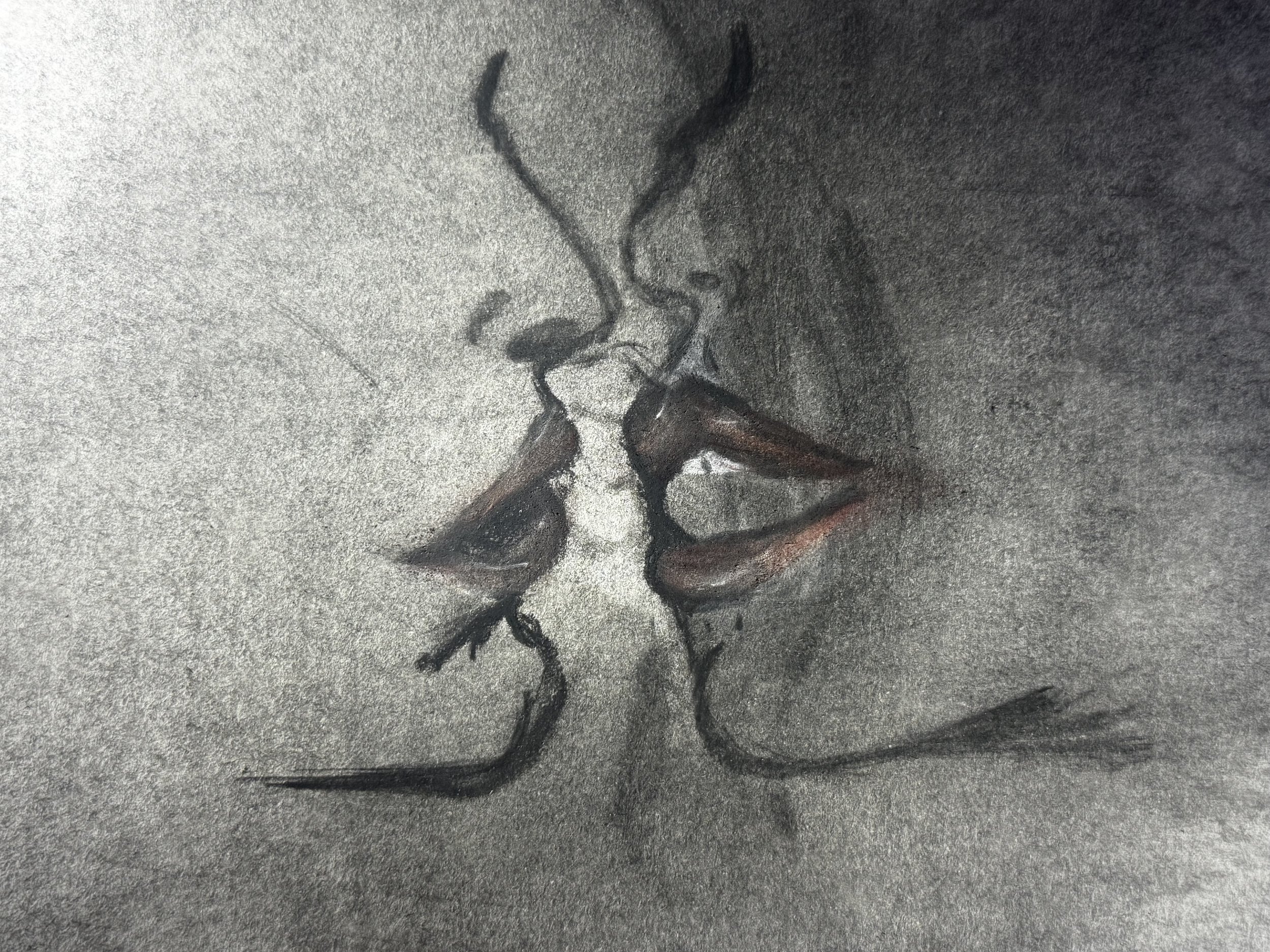 Drawing of two faces close together, with their noses and lips touching, resembling a kiss, created with dark lines and shading.