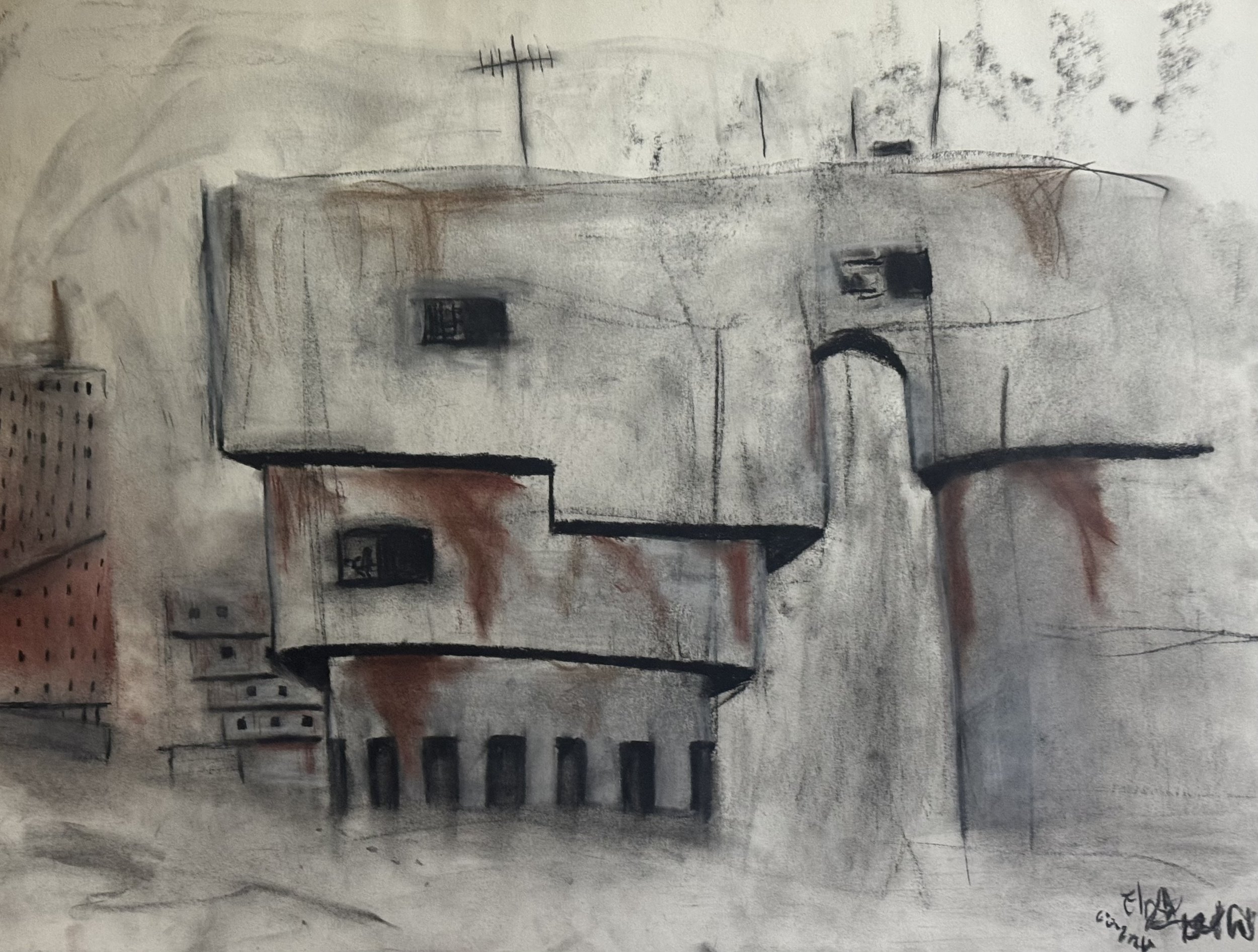 An abstract charcoal sketch of a brutalist building with multiple levels and windows, with surrounding buildings and cityscape in muted colors.