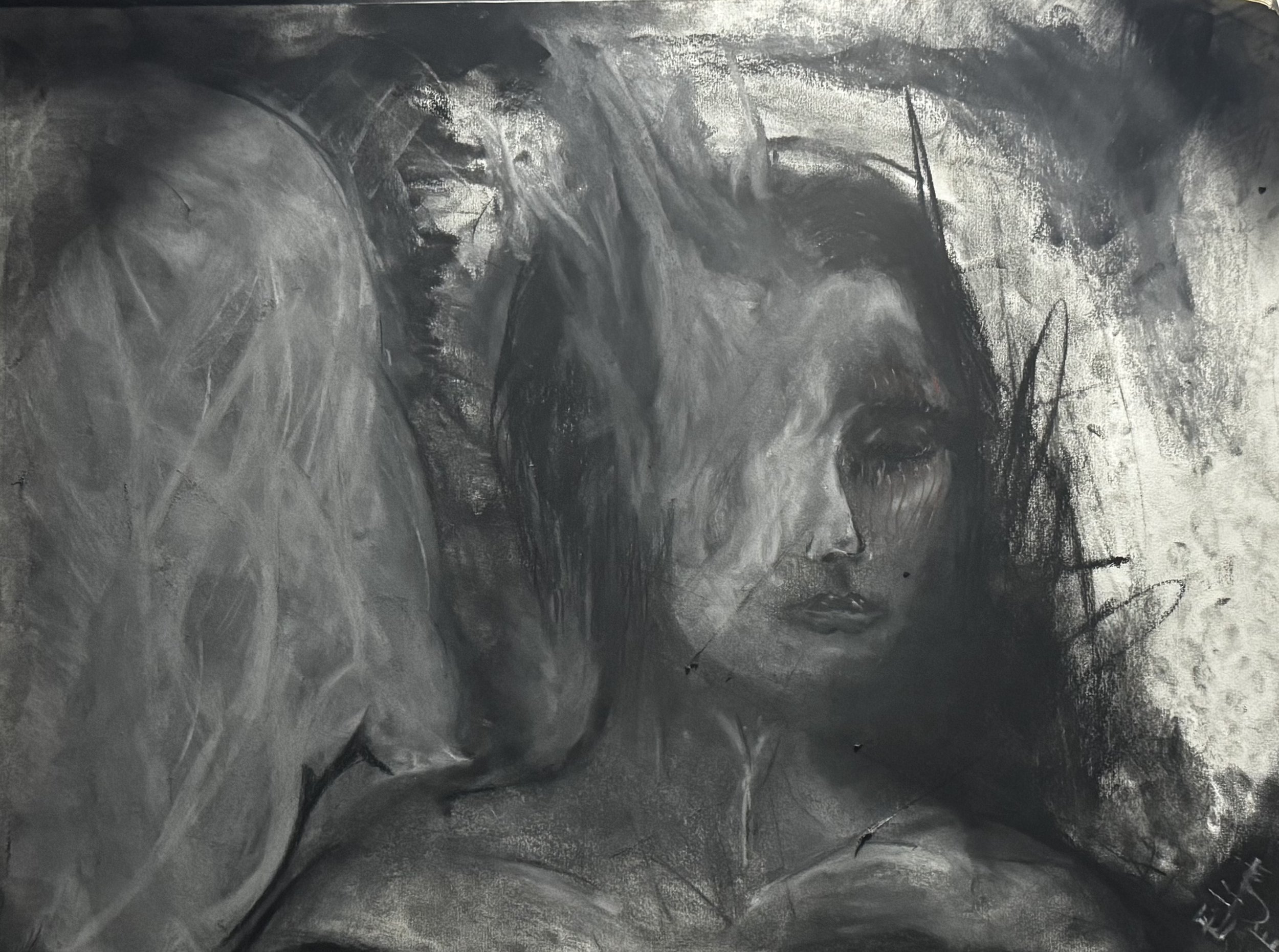 A monochrome abstract charcoal sketch of a woman with long hair, her face partially hidden behind flowing lines and textures.