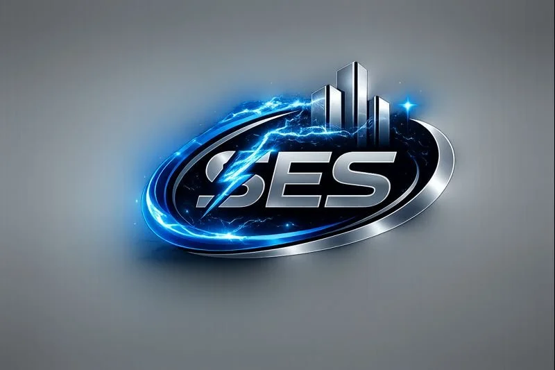 Futuristic logo with the letters 'SES' in bold, surrounded by a blue lightning circle and a bar graph silhouette behind, set against a gray background.