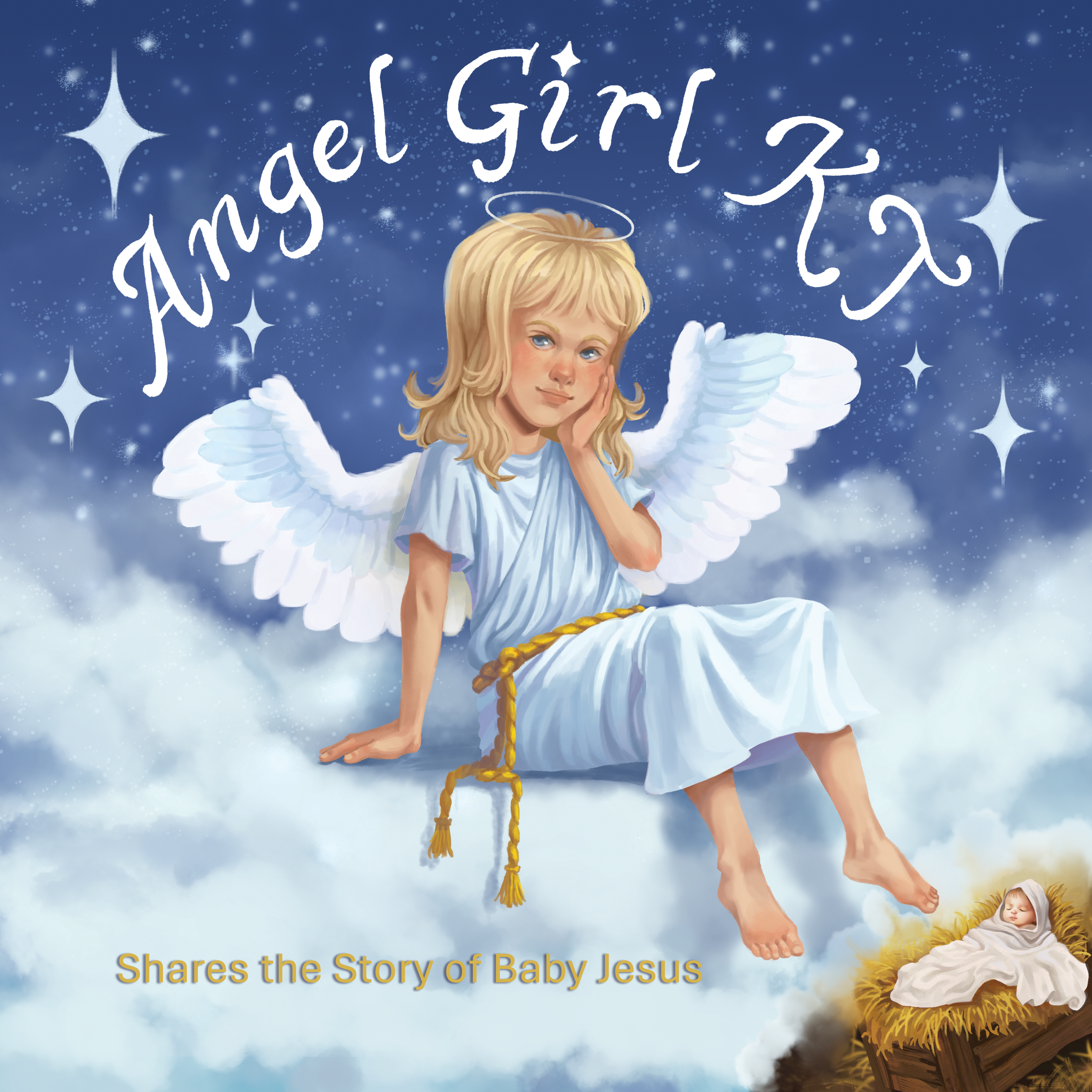 Image of the front cover of Angel Girl KT book. An angel girl sits on clouds with text over her head that say "Angel Girl KT". A baby Jesus sits in a manger in the bottom right corner.