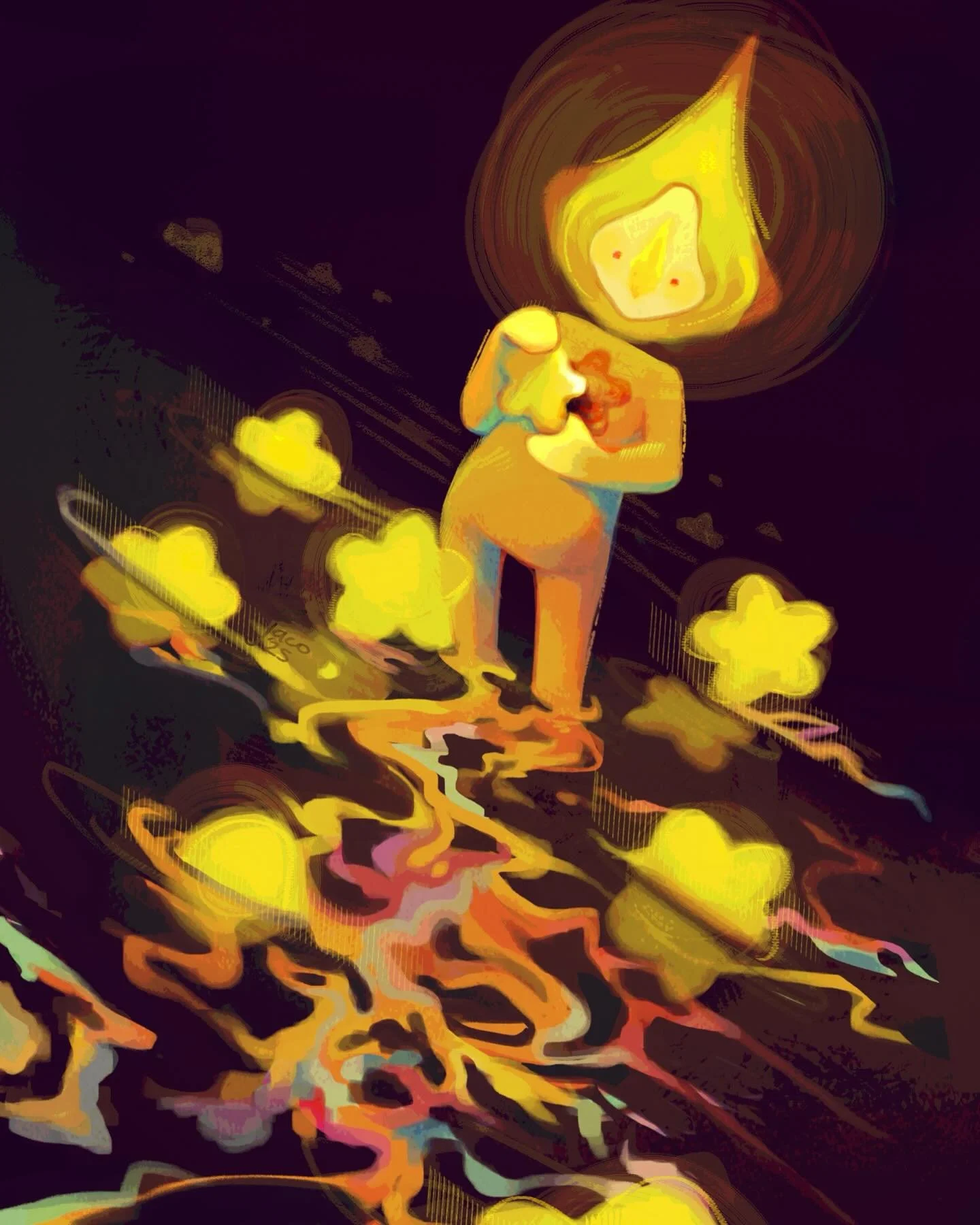 ⭐️A star is born⭐️
This little flame is making new stars! It takes a burning piece of itself and places it in the dark cold water. The flame cools and a star solidifies. Each star will drift across the vastness of space, bobbing in the cosmic waves. 