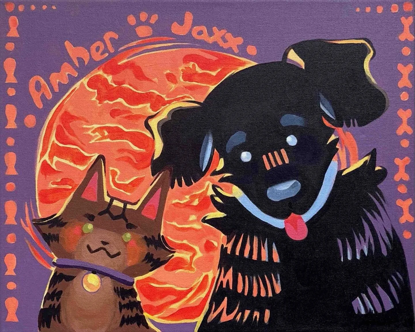 🧡Amber and Jaxx💜

My two family pets Amber and Jaxx wondering what&rsquo;s for dinner. I had lots of fun layering watered down acrylics. Building up layers was intimidating but worth it for the smooth finish (vs the thick shiny finish I usually get