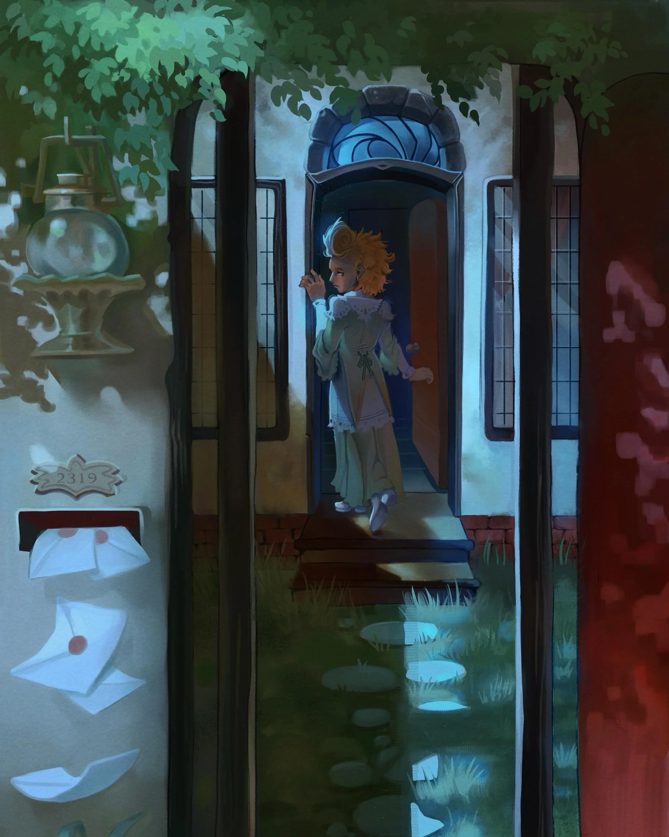 Front Door 

The moon is full and the night air is clear. Sparrow pauses, waiting for an answer.

This piece has been brewing in my head for a while and I&rsquo;ve finally put it to paper. Another moody Sparrow piece. I might revisit the other thumbn