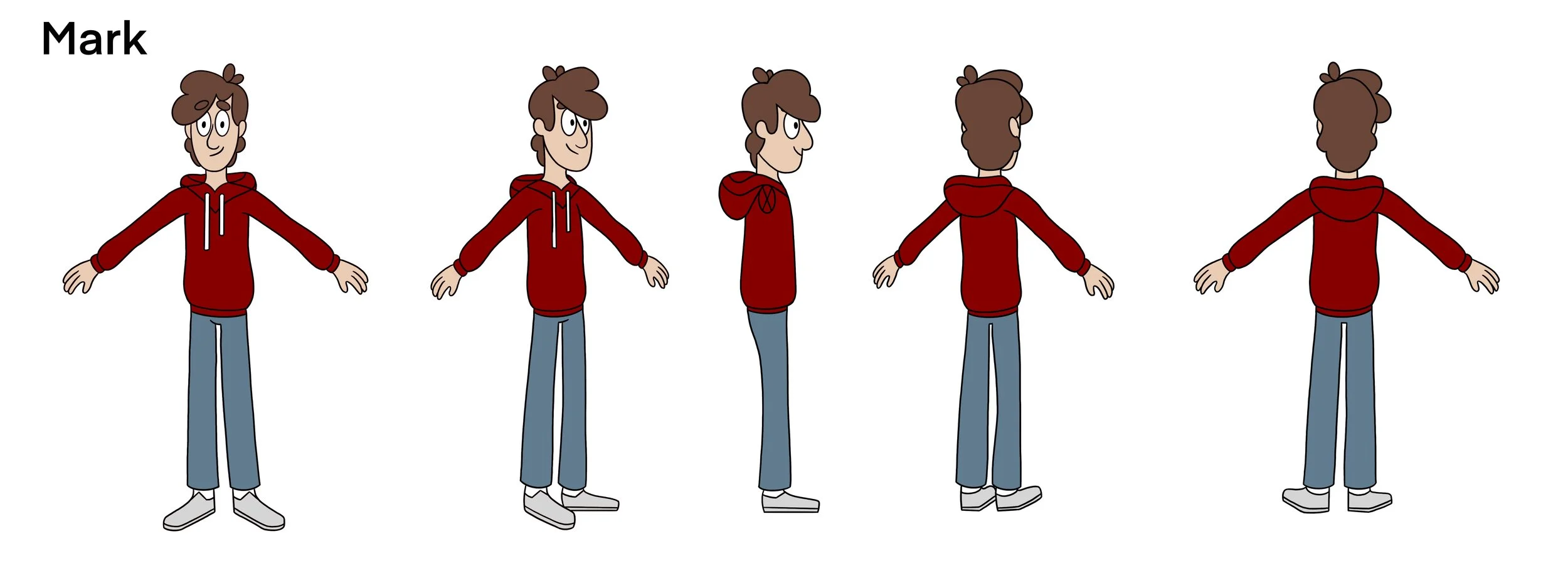 A cartoon character named Mark in various poses, wearing a red hoodie, light blue jeans, and gray shoes, shown from front, side, and back views.