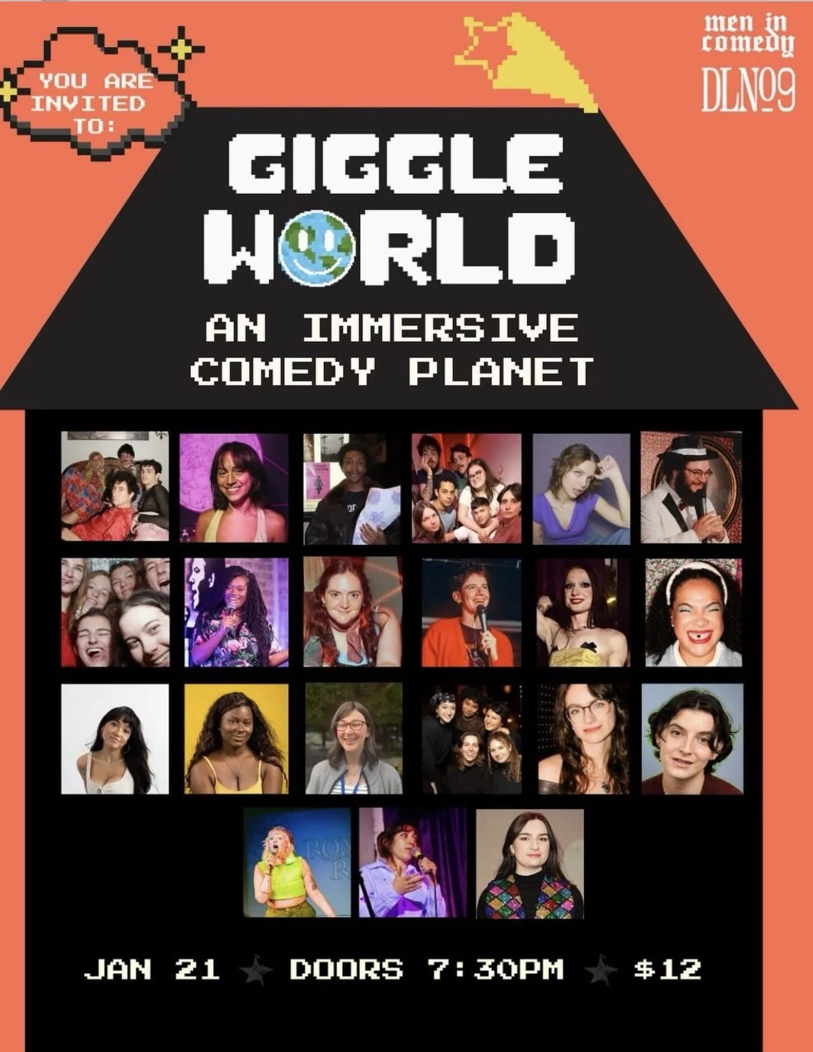 A colorful poster for a comedy show called 'Giggle World,' featuring a pixelated design with a globe in place of the letter 'O' in 'World.' The poster includes photos of various performers and audience, event details such as date, time, and ticket pr