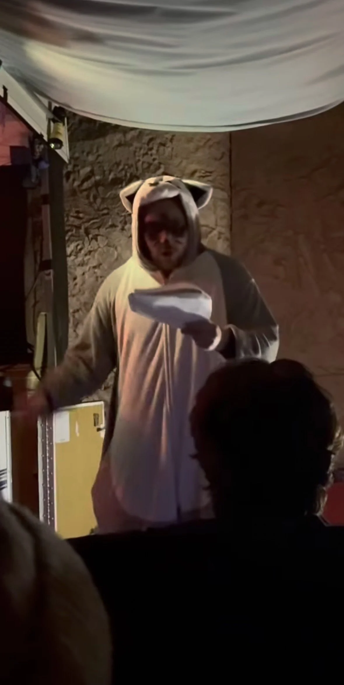 Person dressed in a hoodie with animal ears and face mask, holding a plate, pointing towards the camera, standing in a dimly lit room with a stone wall background.