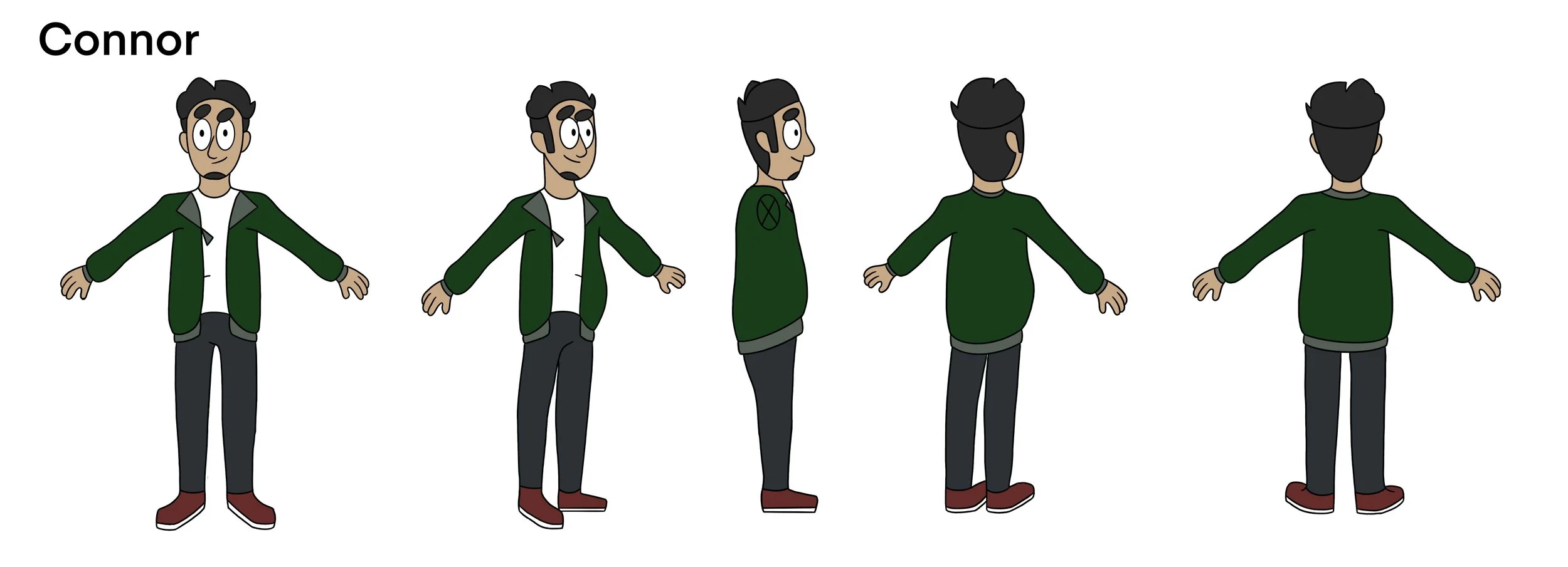 Character sheet of a cartoon male character named Connor, shown in front, three-quarter, and back views, wearing a green jacket, white shirt, dark pants, and red shoes.