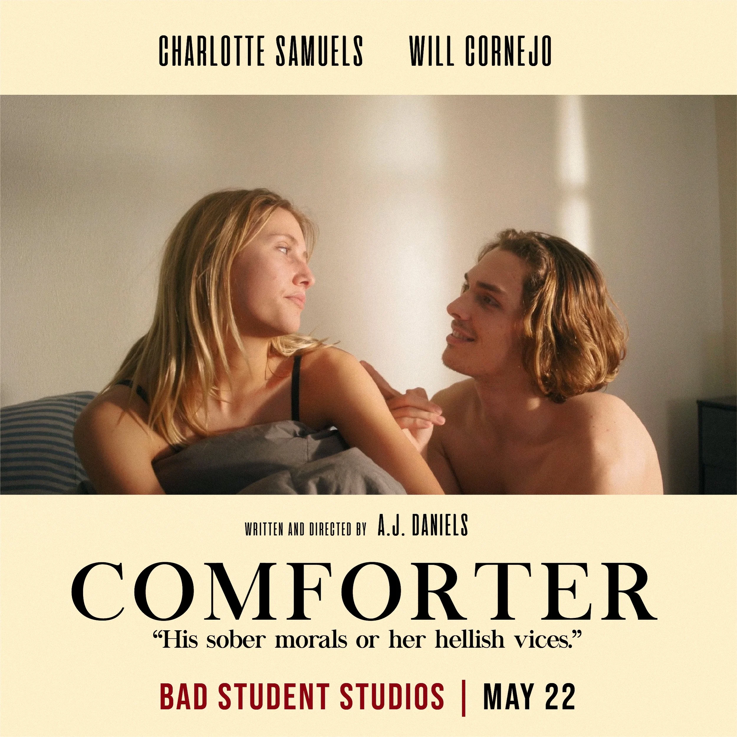 A movie poster for 'Comforter' features a woman with blonde hair looking at a man with shoulder-length brown hair, who is shirtless, in a bedroom setting.