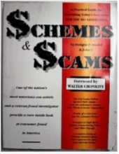 Book cover titled 'Schemes & Scams' with red and black text and a yellow rectangle highlighting the subtitle, attributed to Walker Cronkite.