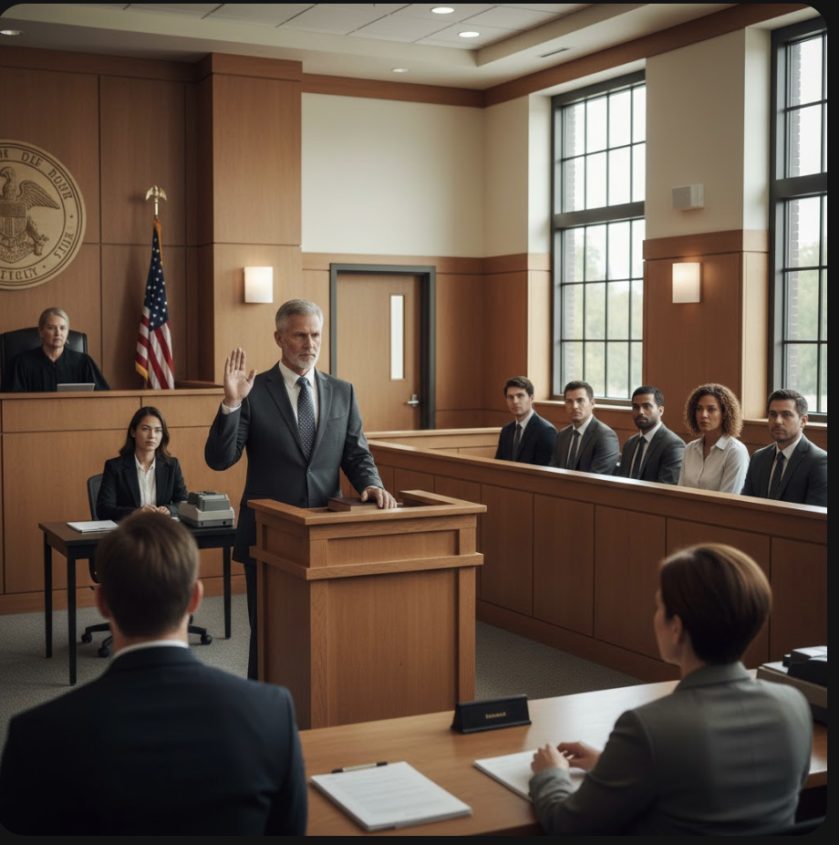A courtroom scene with a judge, a lawyer, and several jurors. The judge sits behind a raised bench, with a U.S. flag behind her, in a wooden-paneled courtroom. A man standing at the witness stand appears to be taking an oath, raising his right hand, while two individuals are seated at desks in front of him, taking notes.