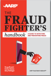 Cover of a book titled 'The Fraud Fighter's Handbook: A Guide to Detecting and Preventing Fraud' by Doug Shadel, Kathy Stokes, Amy Hoffer, with a red background and an illustration of a hand inserting a red card into a purple card reader.