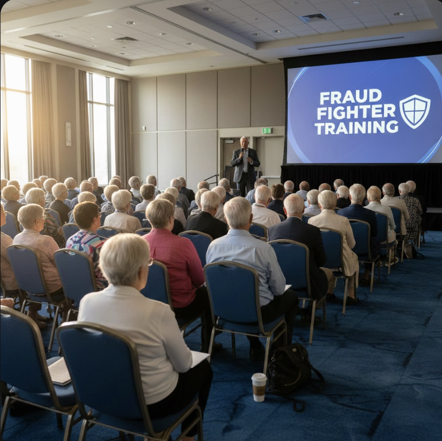 A man giving a presentation at a fraud fighter training seminar in a conference room with a large audience of older adults. The screen behind him displays the words "Fraud Fighter Training" with a shield logo.