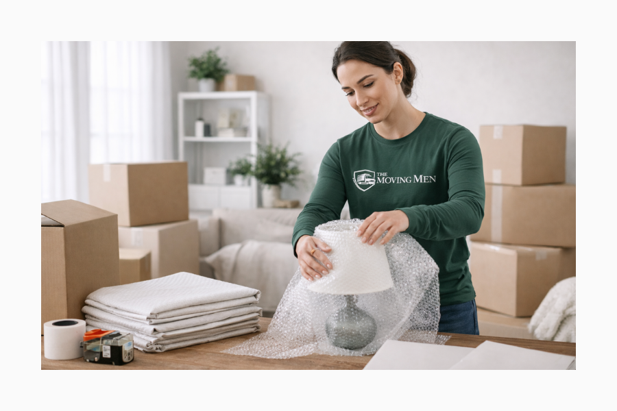 Professional packing services for residential moves in Metro Detroit, carefully wrapping household items.