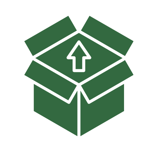 Diagram of an open cardboard box with an upward arrow, indicating packaging or moving.