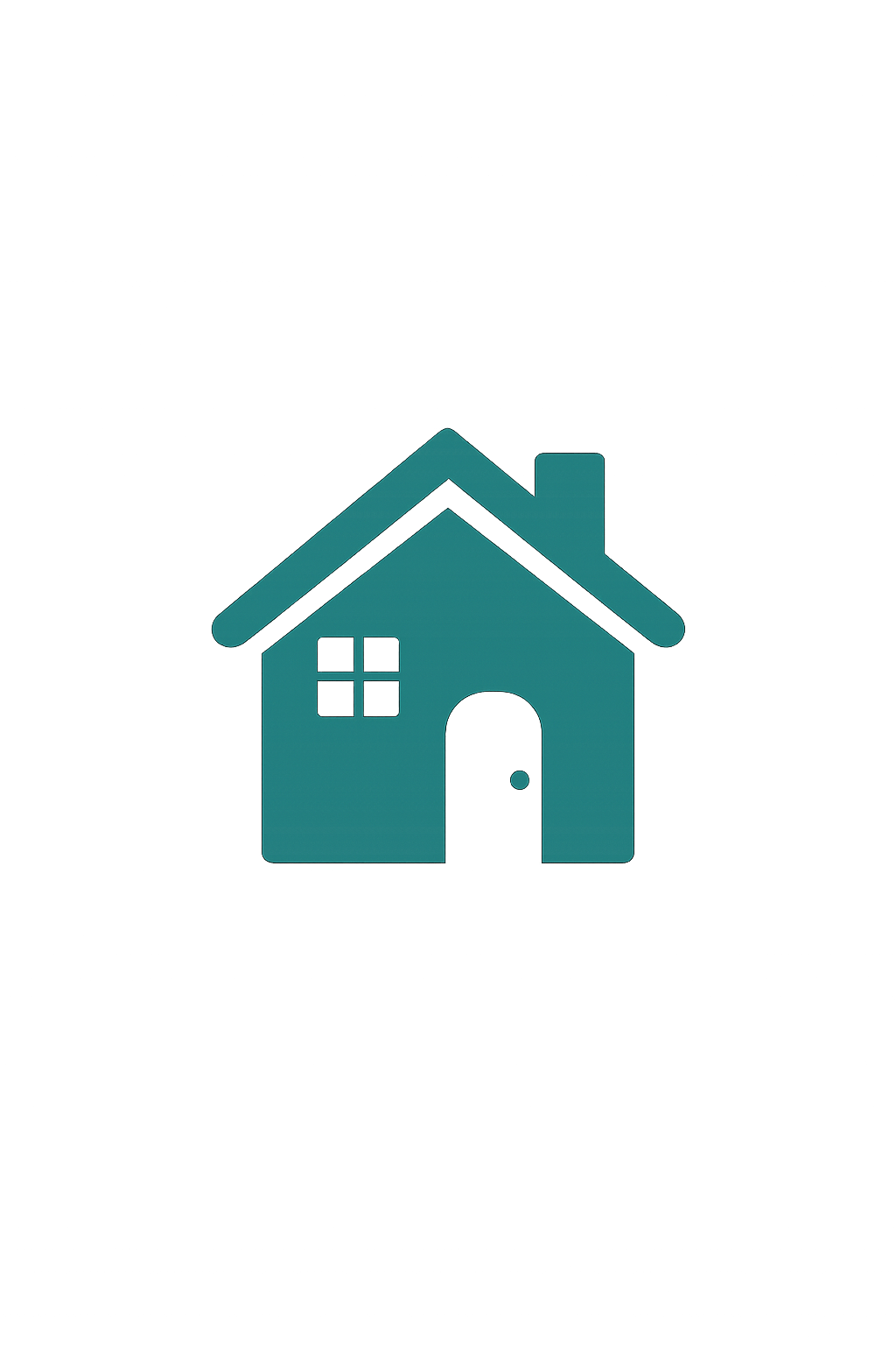 A turquoise house icon with a window and door, set against a black background.