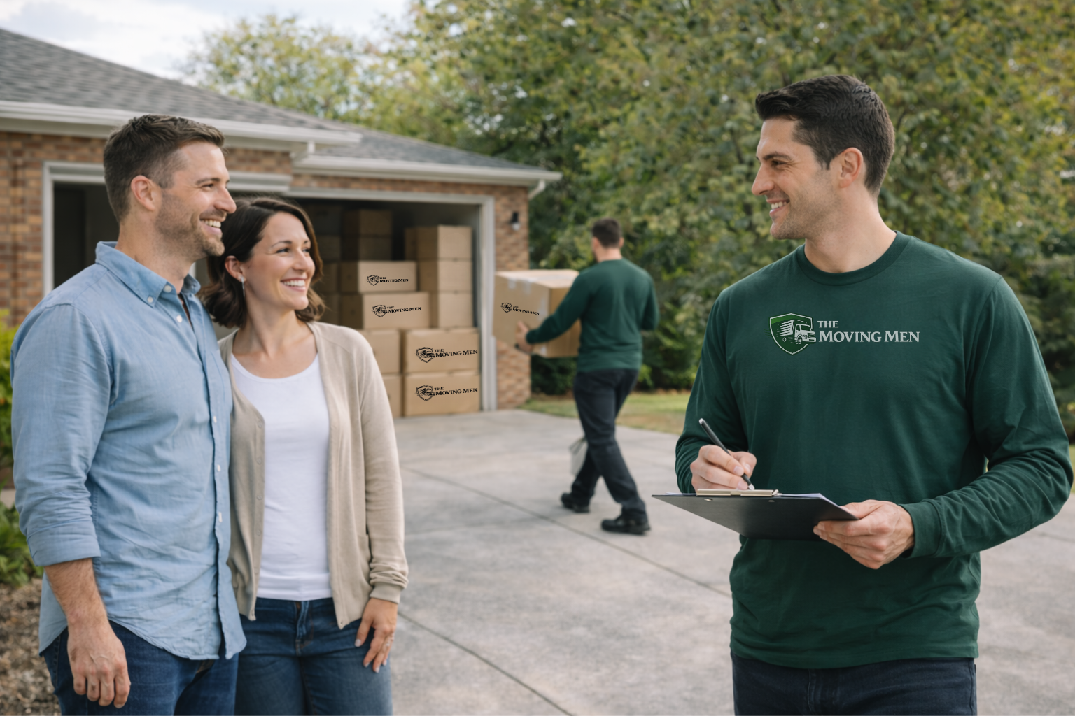 Mover discussing a residential move with homeowners during an on-site moving consultation in Metro Detroit