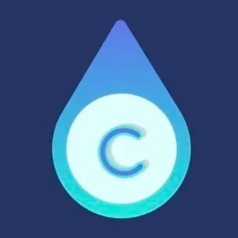 A water droplet-shaped logo with a white lowercase 'c' in the center, against a dark blue background.