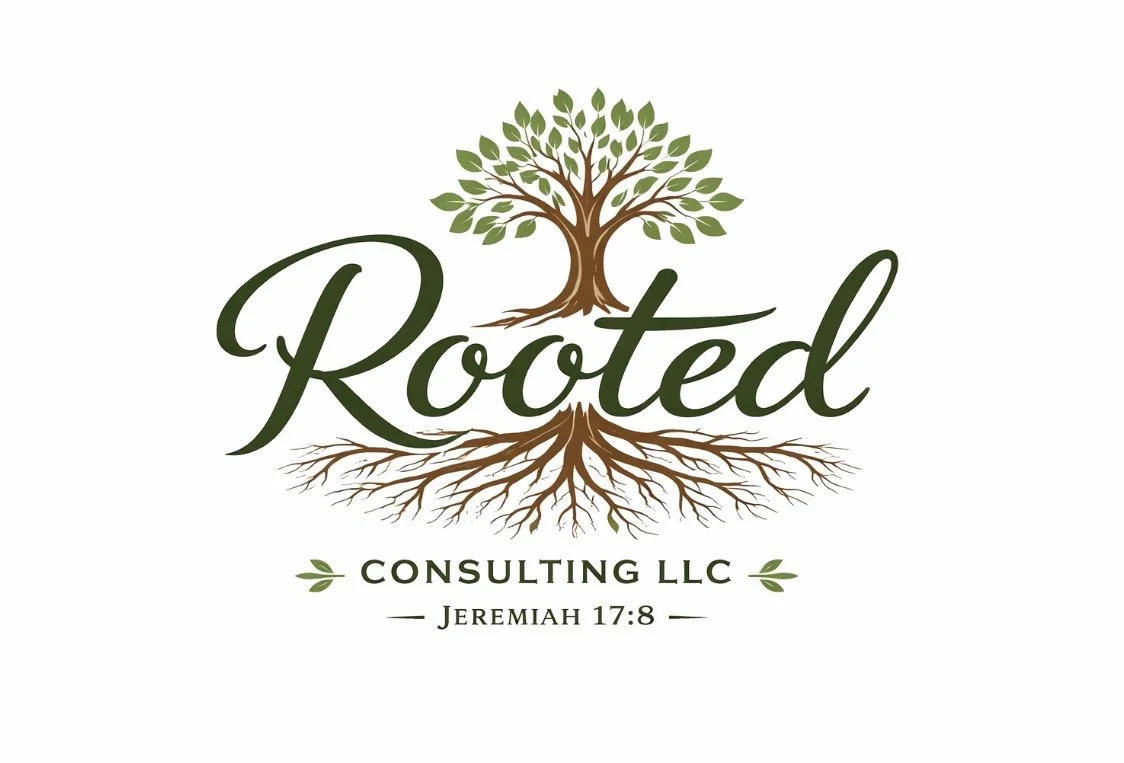 Logo with a tree showing roots and branches, with the word "Rooted" in script, and text "Consulting LLC" and a Bible verse reference Jeremiah 17:8.