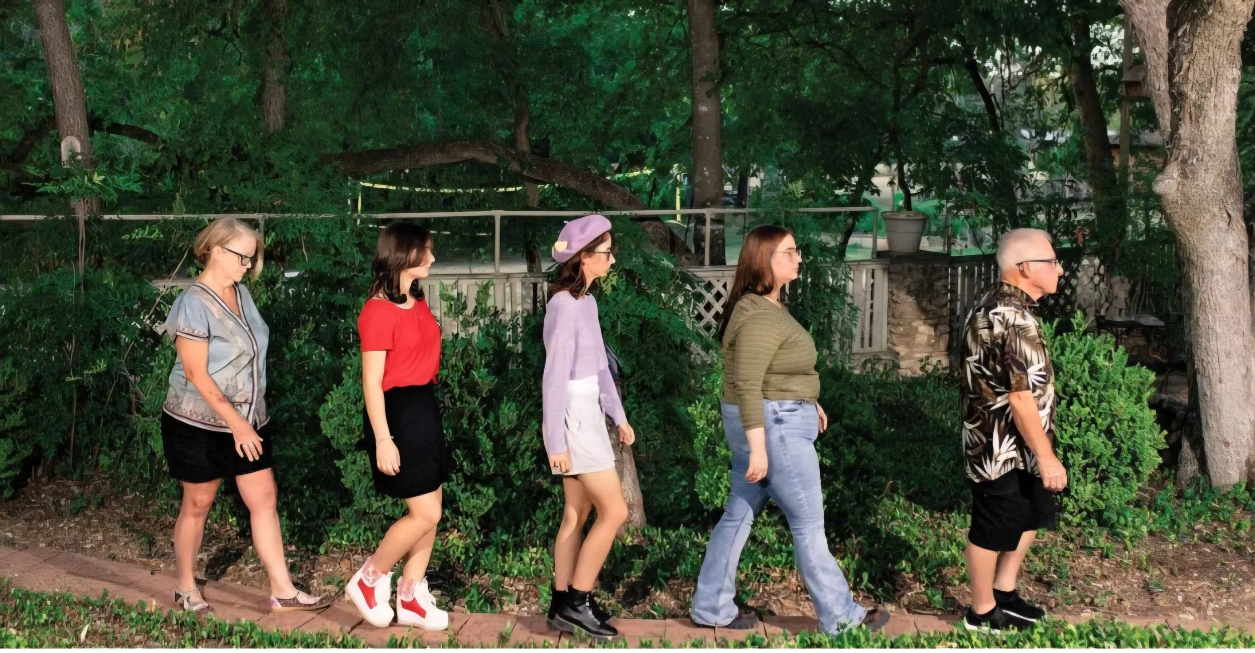 Five people, four women and one man, are walking in a line on a brick pathway through a lush, green outdoor area with trees and bushes. A Blended Family learning the art of making Vegan Natural Soap Products together.