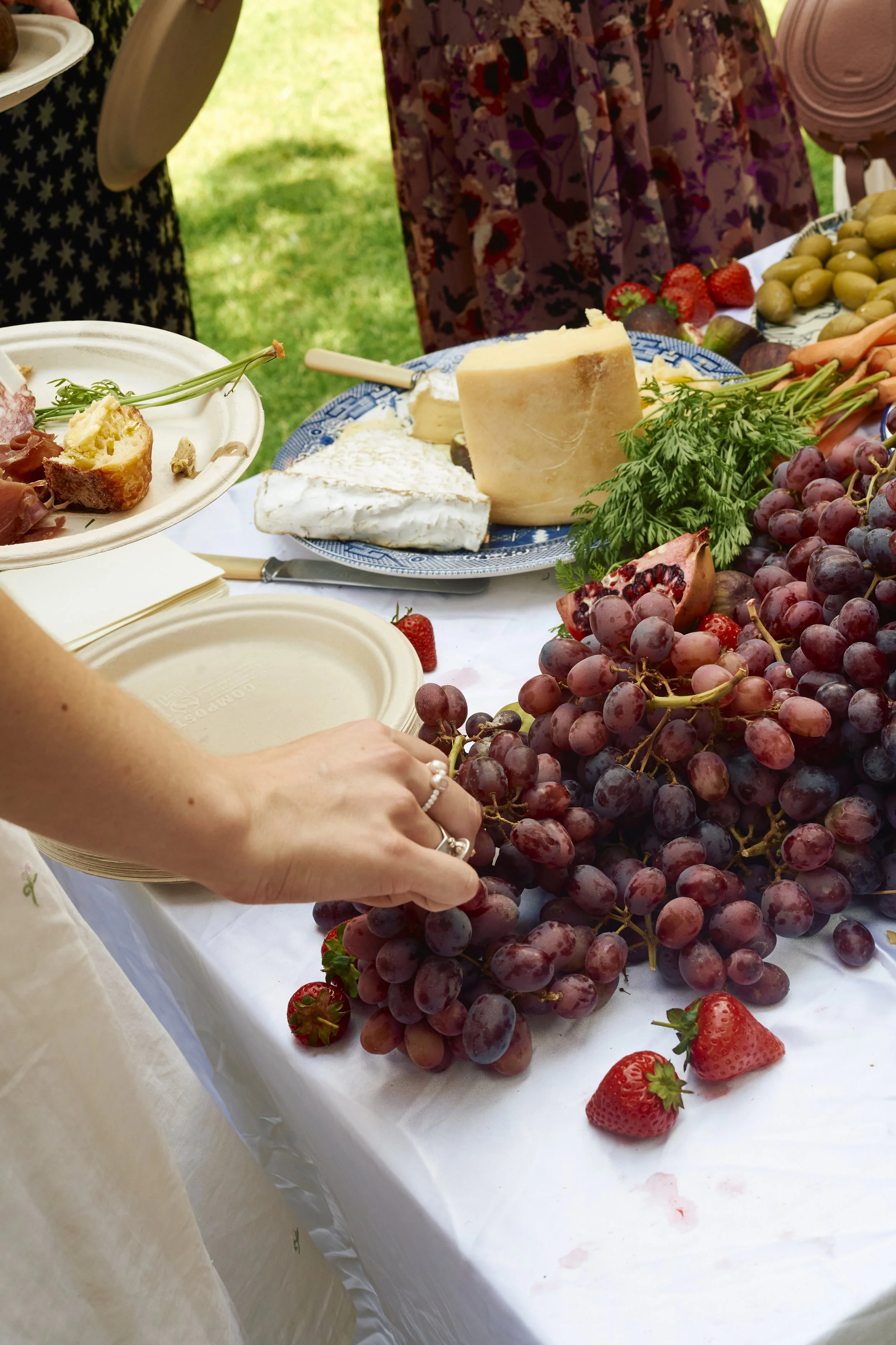 A person's hand with rings holding a cluster of purple grapes on a table with various cheeses, strawberries, carrots, strawberries, olives, and other fruits at an outdoor gathering.