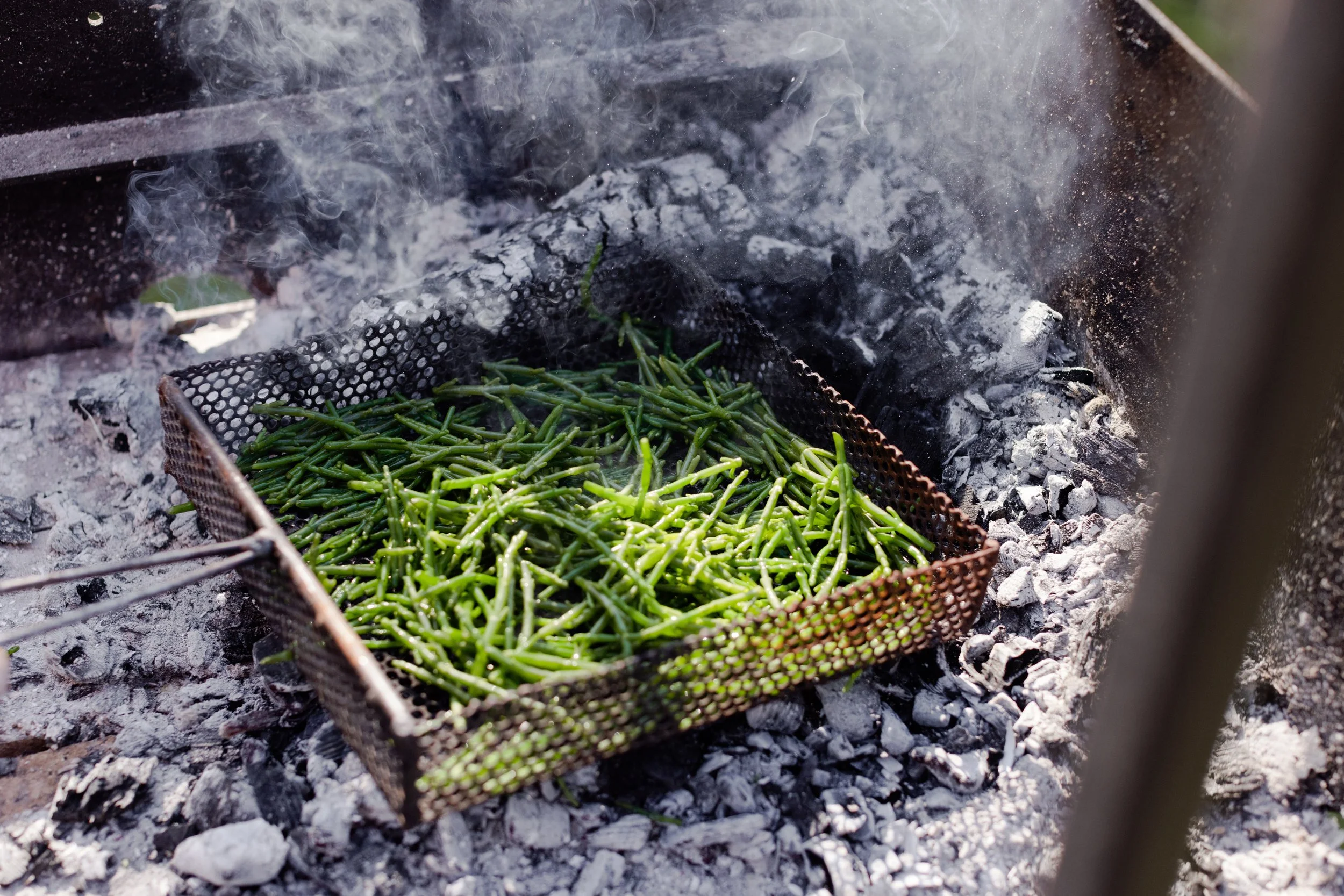 Green beans being roasted over an open charcoal fire in a metal grilling basket.