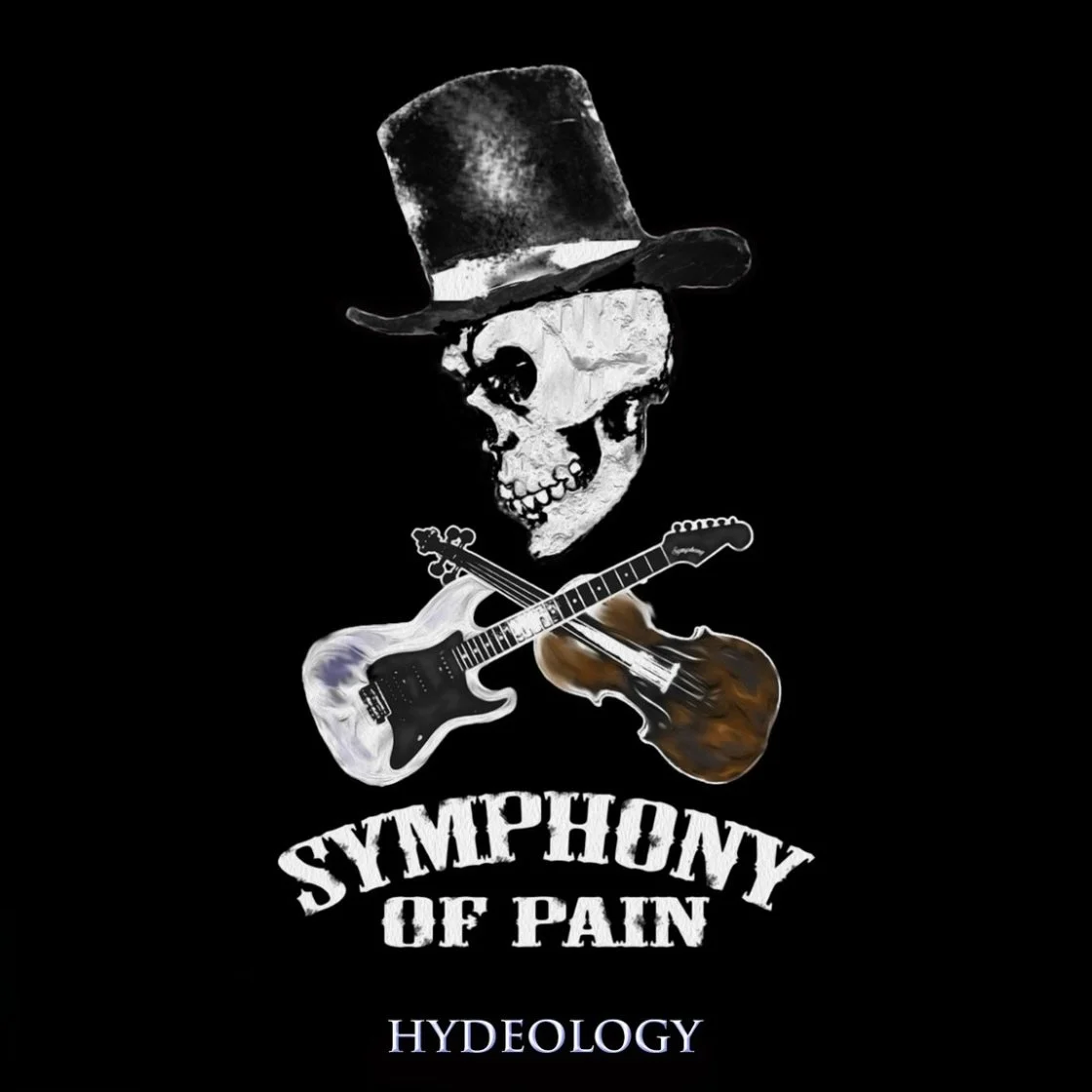Symphony of Pain logo depicting black background with a skull wearing a top hat, holding an electric guitar and a violin. Text reads "Symphony of Pain" and "HYDEOLOGY" as this is the Hydeology album cover.