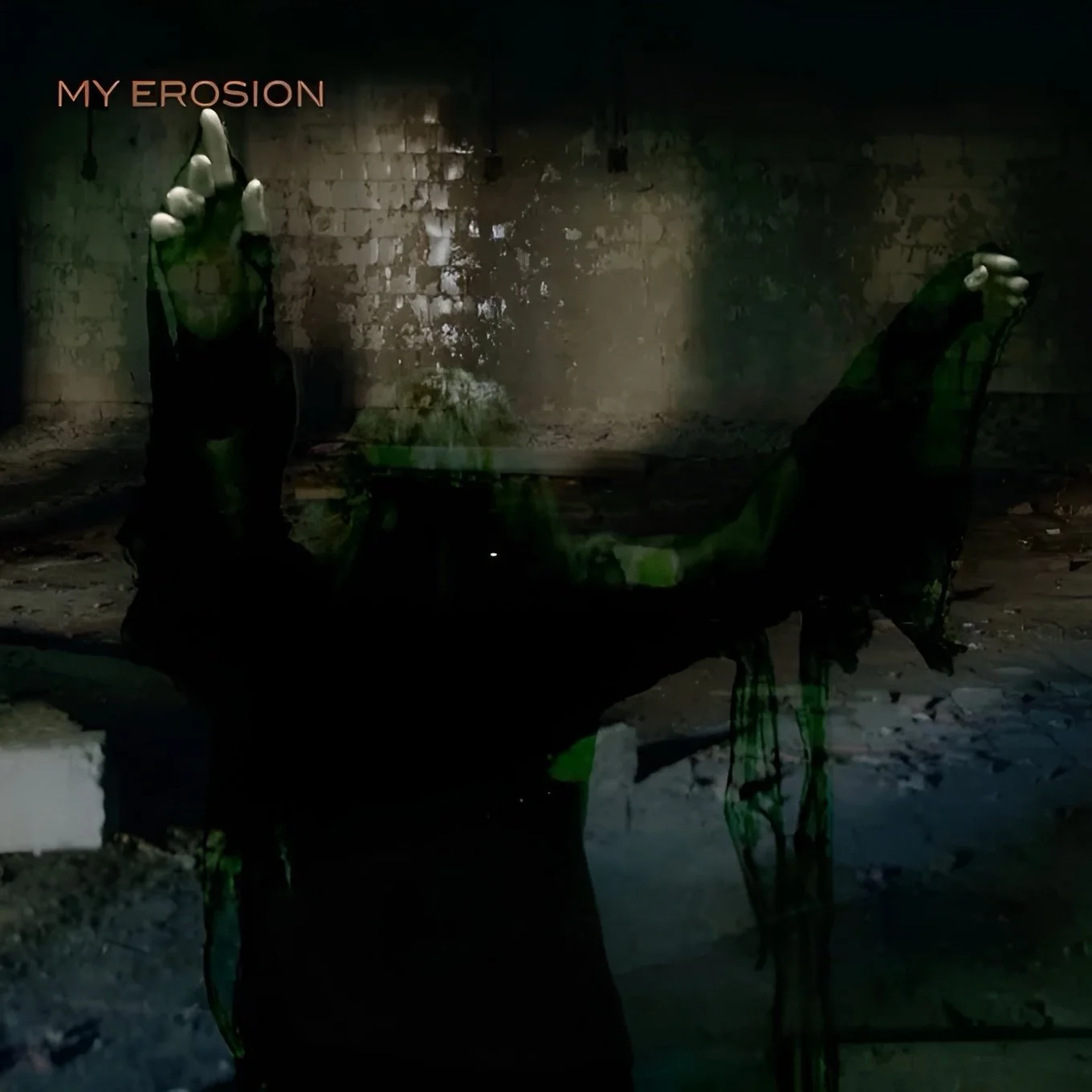 Thumbnail cover of the Symphony of Pain 'Elektrikology' single, 'My Erosion' with a silhouette of Pam in a silk dress with long chiffon draping sleeves, with the phrase 'MY EROSION' in the upper left corner of the image. 