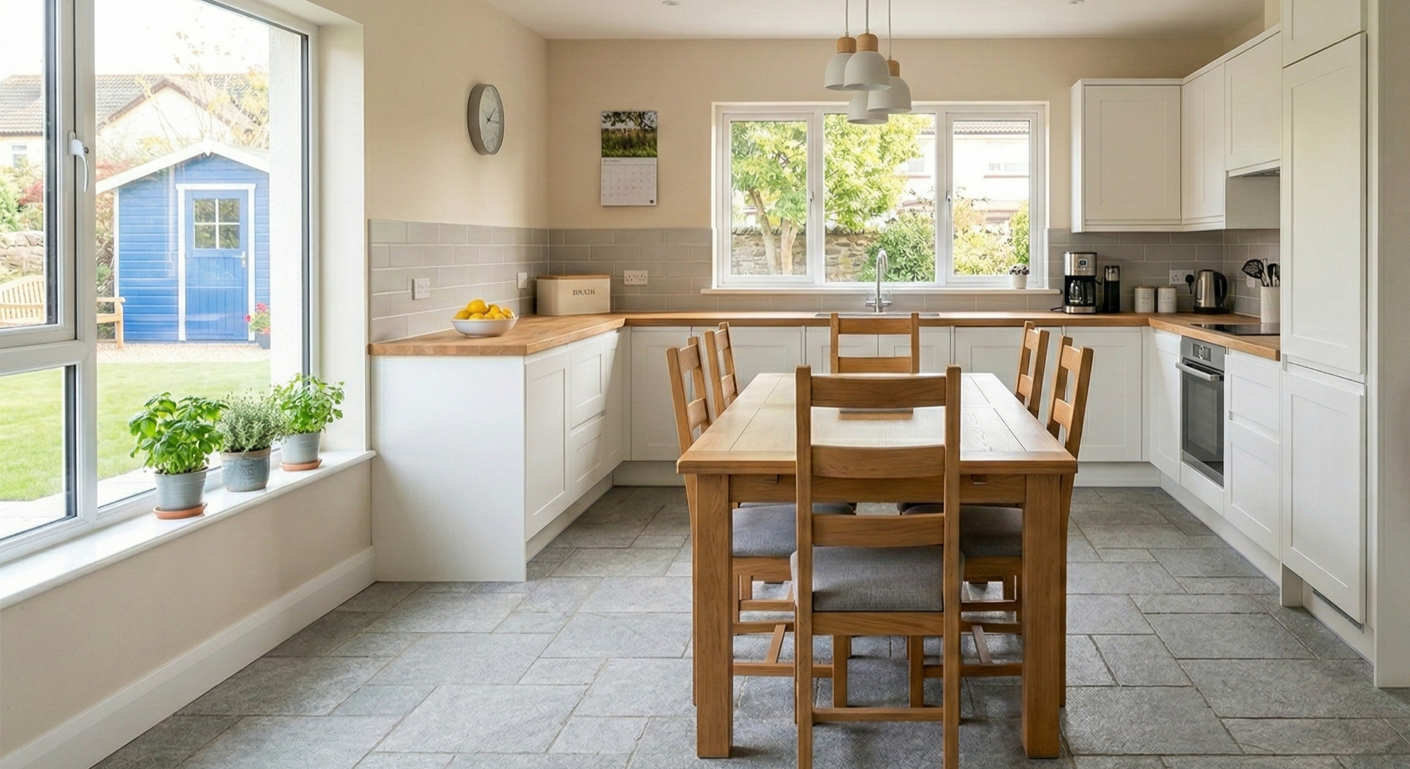 Bright kitchen with white cabinets, wooden countertops, and a wooden dining table with six chairs. Large window showing a garden and a blue shed outside. Potted plants on the windowsill, and a bowl of lemons on the counter.