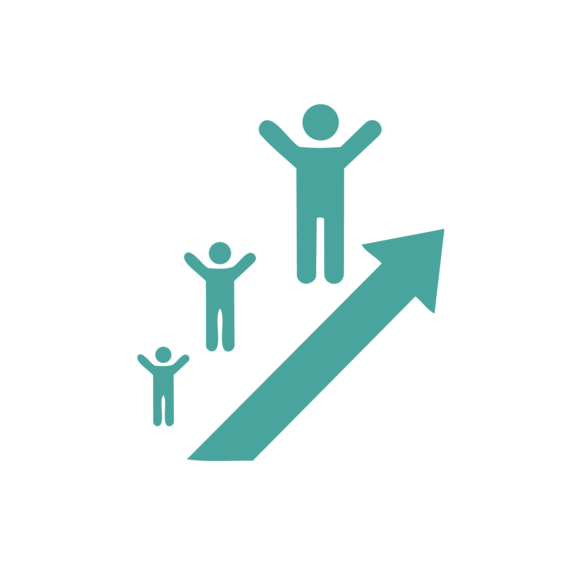 Three stylized human figures at different heights ascending along an upward pointing arrow, symbolizing growth or progress.