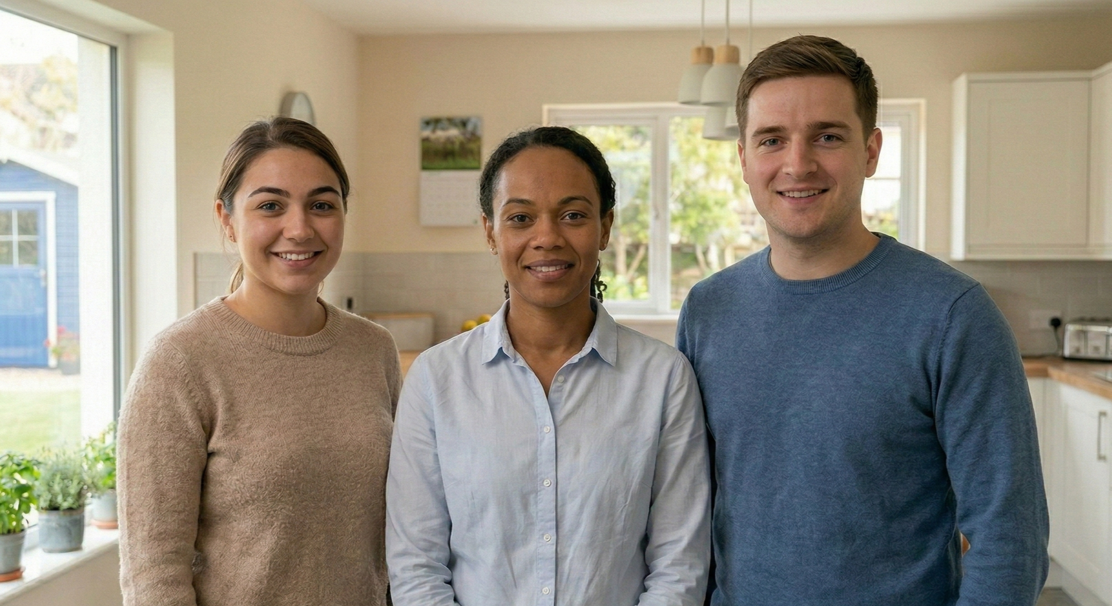 Three smiling women standing in a bright, modern kitchen.