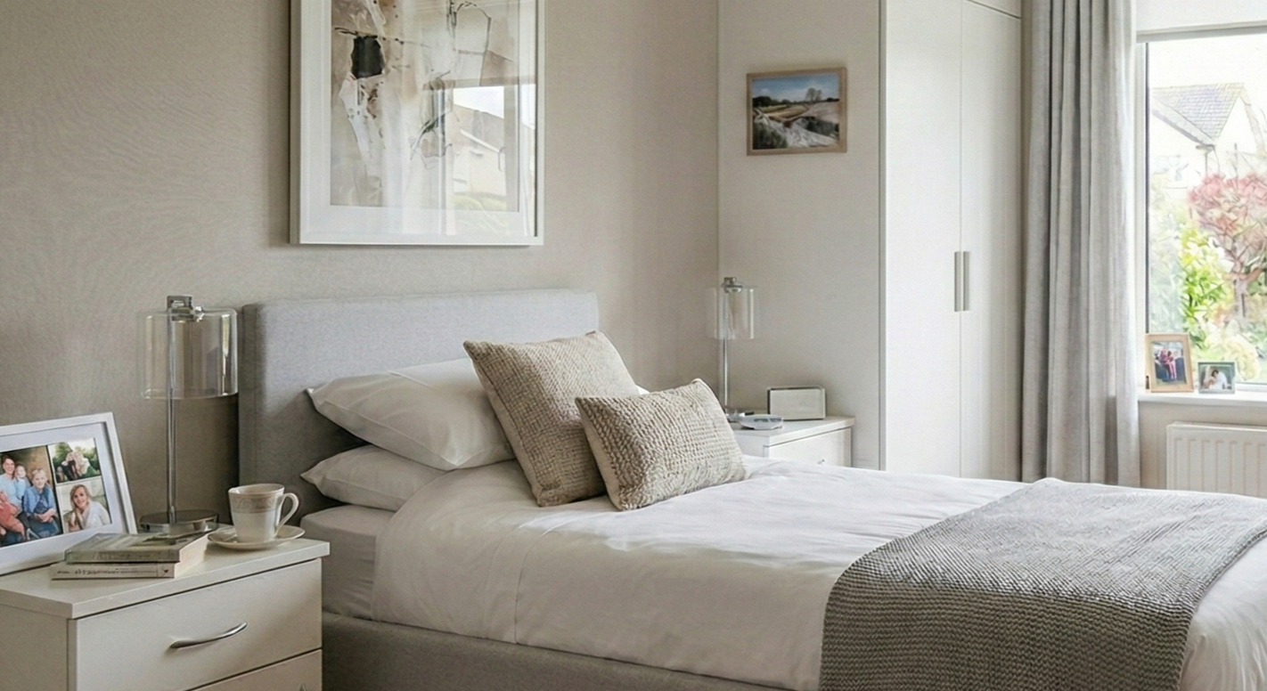 A neatly made bed with gray pillows and a textured gray blanket in a bright bedroom. There are two nightstands with lamps, framed photographs, and a window with curtains showing outdoor greenery.