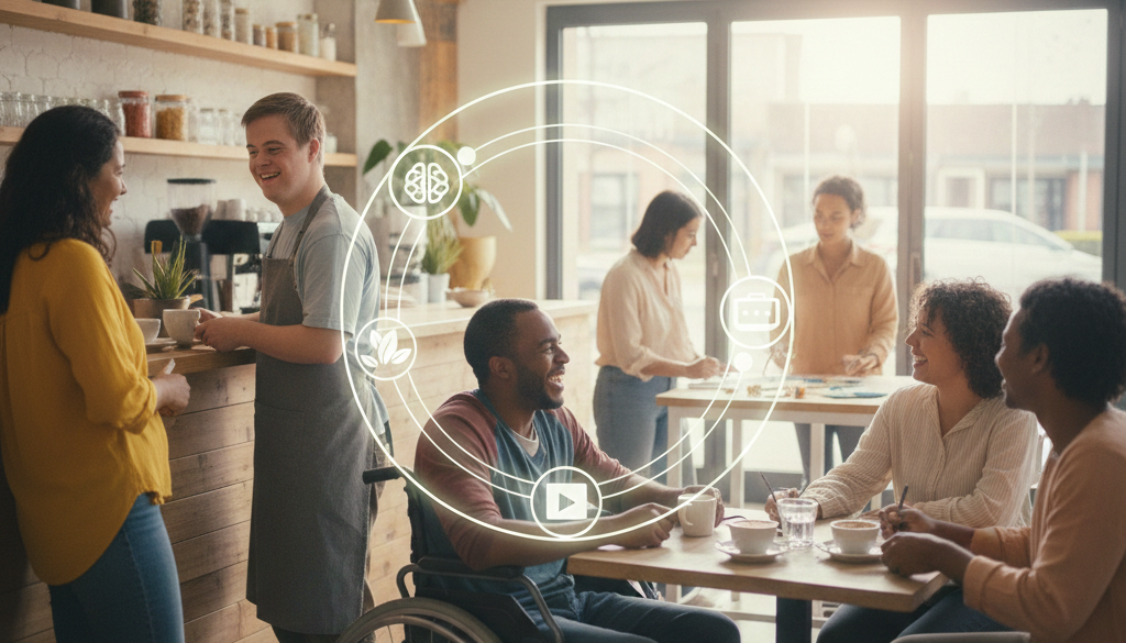 People in a cafe, two at the counter ordering coffee, others seated at tables, with icons of a brain, a leaf, a play button, and a briefcase around the central person in a wheelchair.