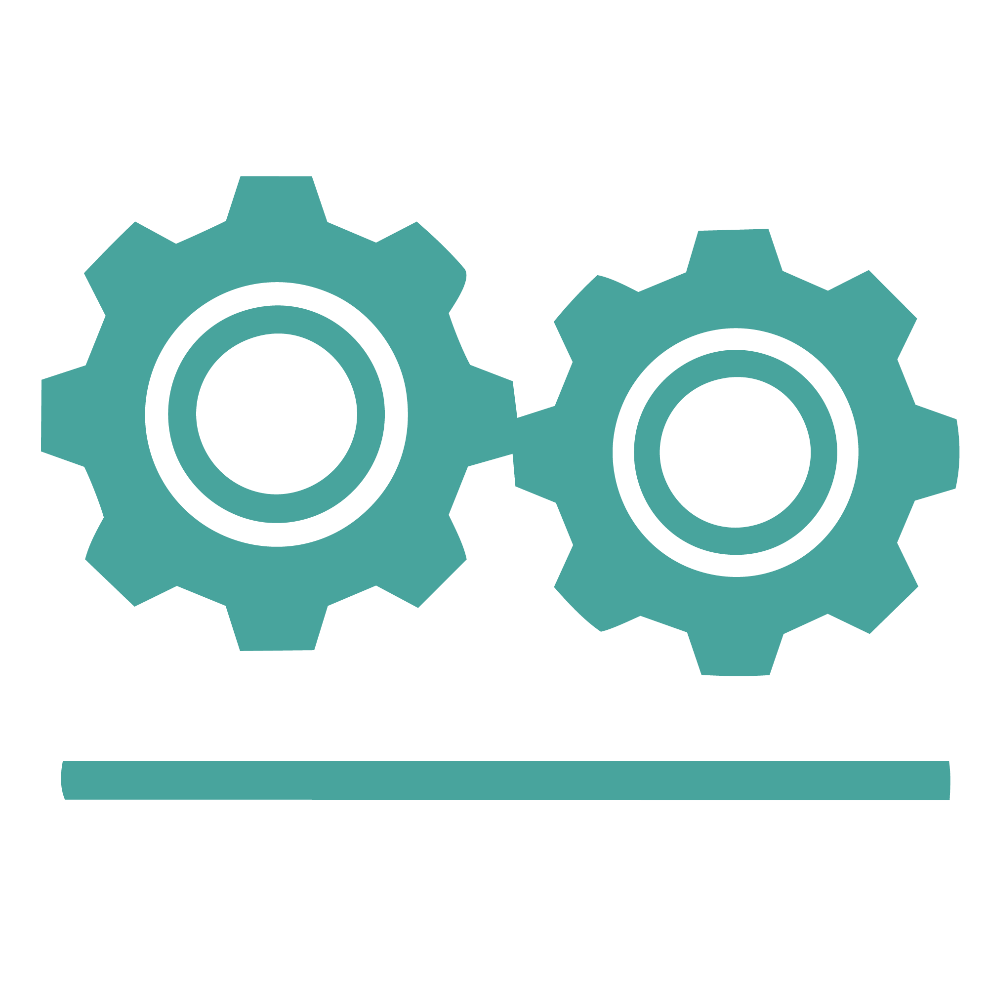 Illustration of two teal gears above a teal progress bar, representing settings or system update.