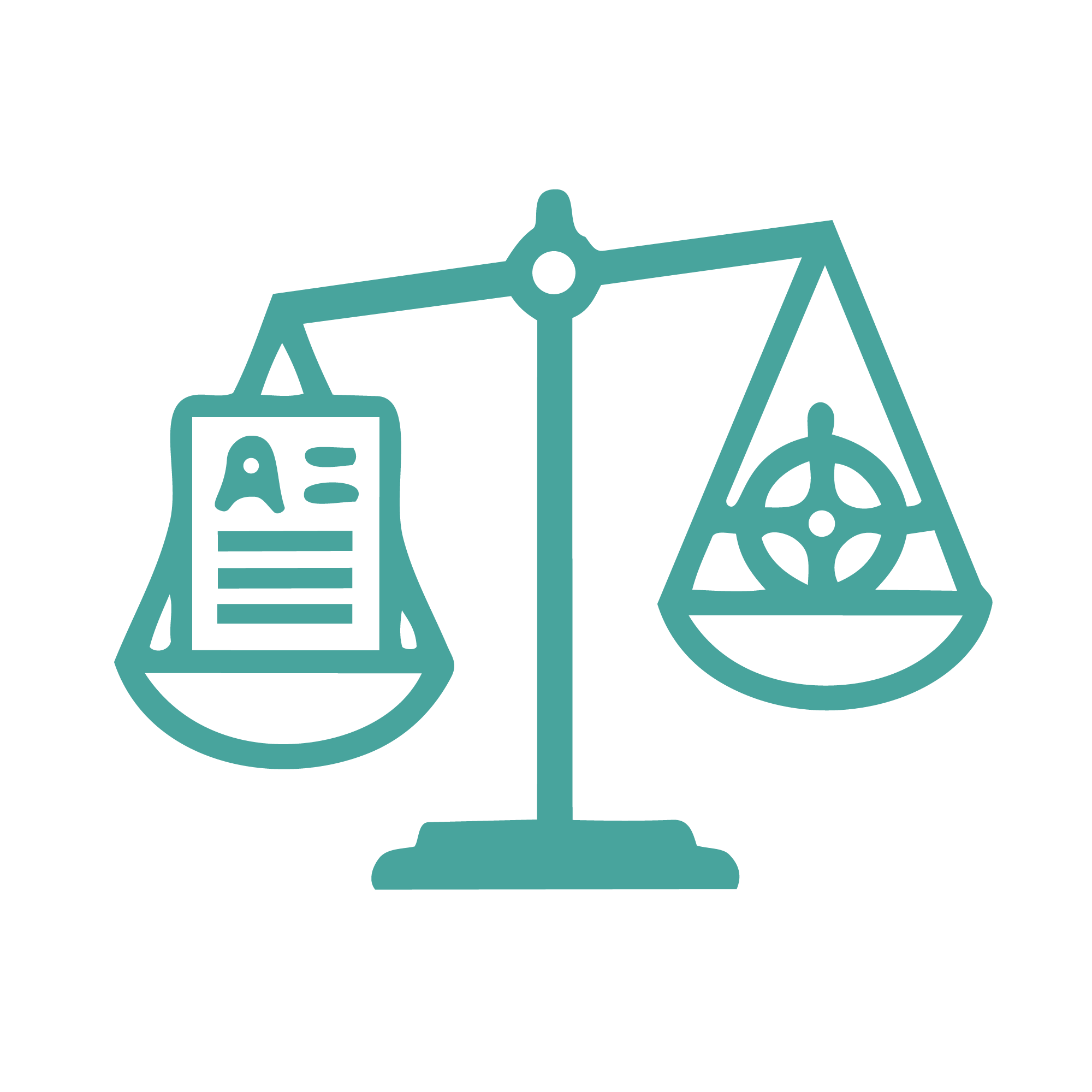 A digital illustration of a balance scale with a document on the left and a peace symbol on the right, representing legal and peace considerations.