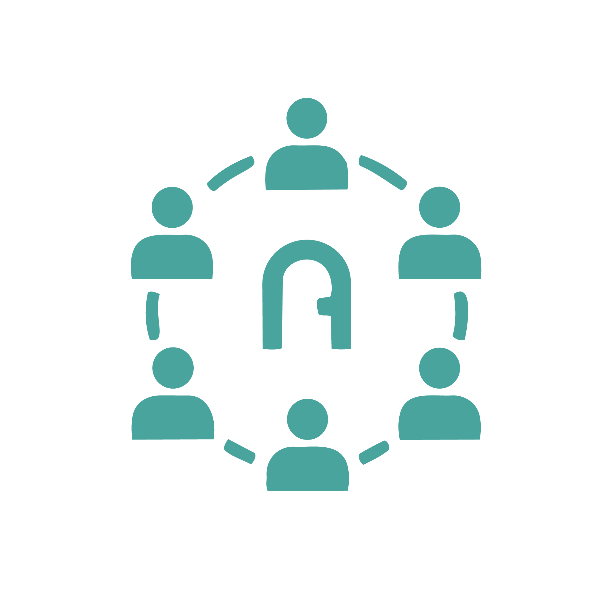 Icon of a group of people connected in a circular formation around a central U-shaped figure.