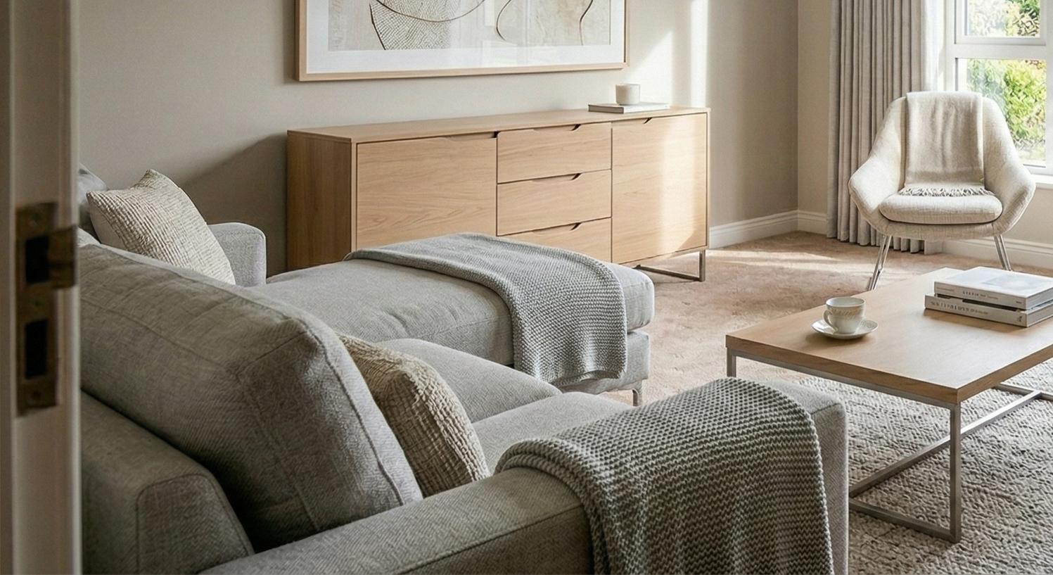 A living room with a light gray sofa, a throw blanket, decorative pillows, a wooden console table, a white armchair, a coffee table with books and a cup, large windows with curtains, and a carpeted floor.