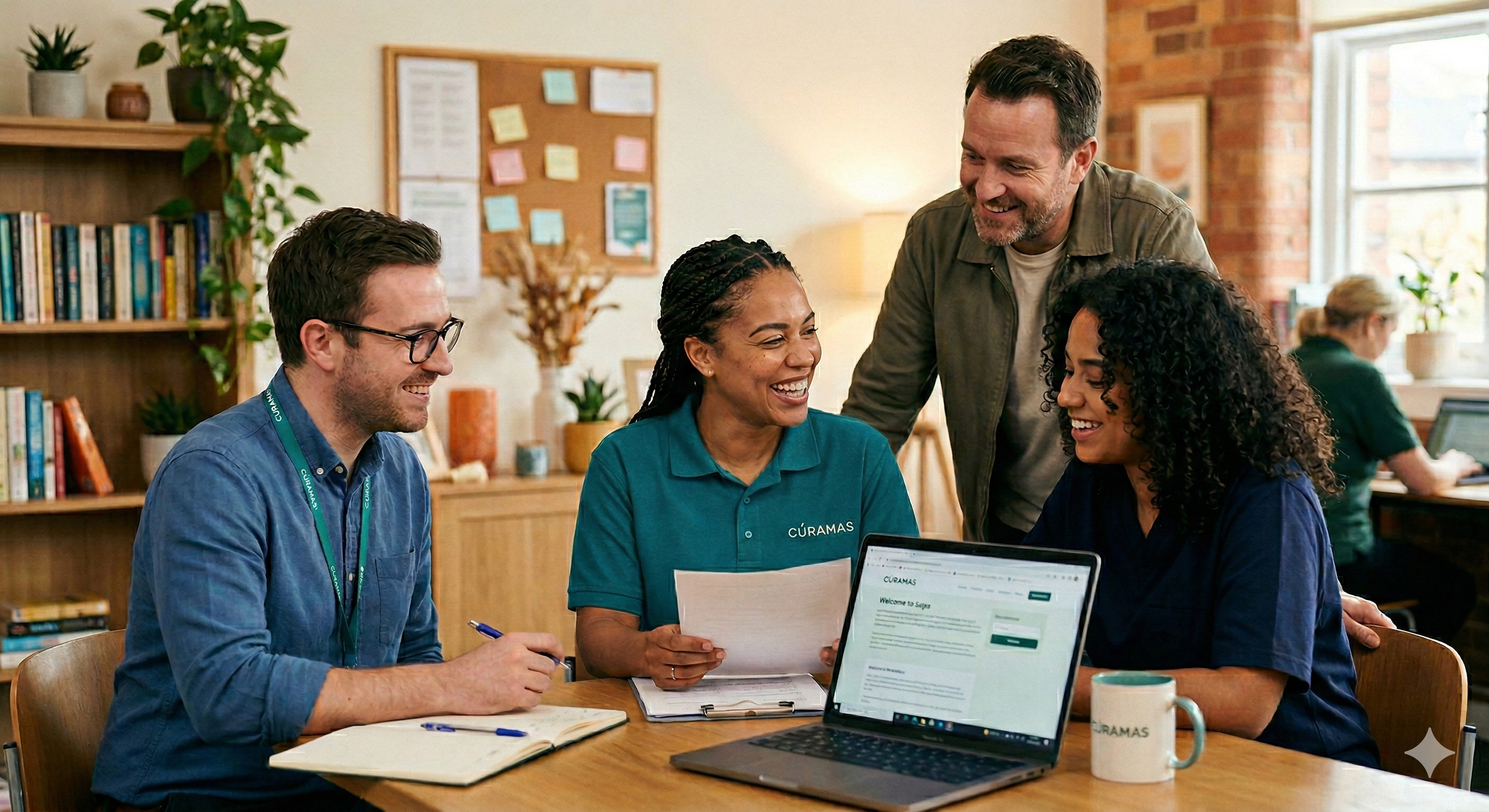 Four diverse people are having a cheerful discussion at a table in an office, with notebooks and a laptop in front of them, and a bookshelf and bulletin board in the background.