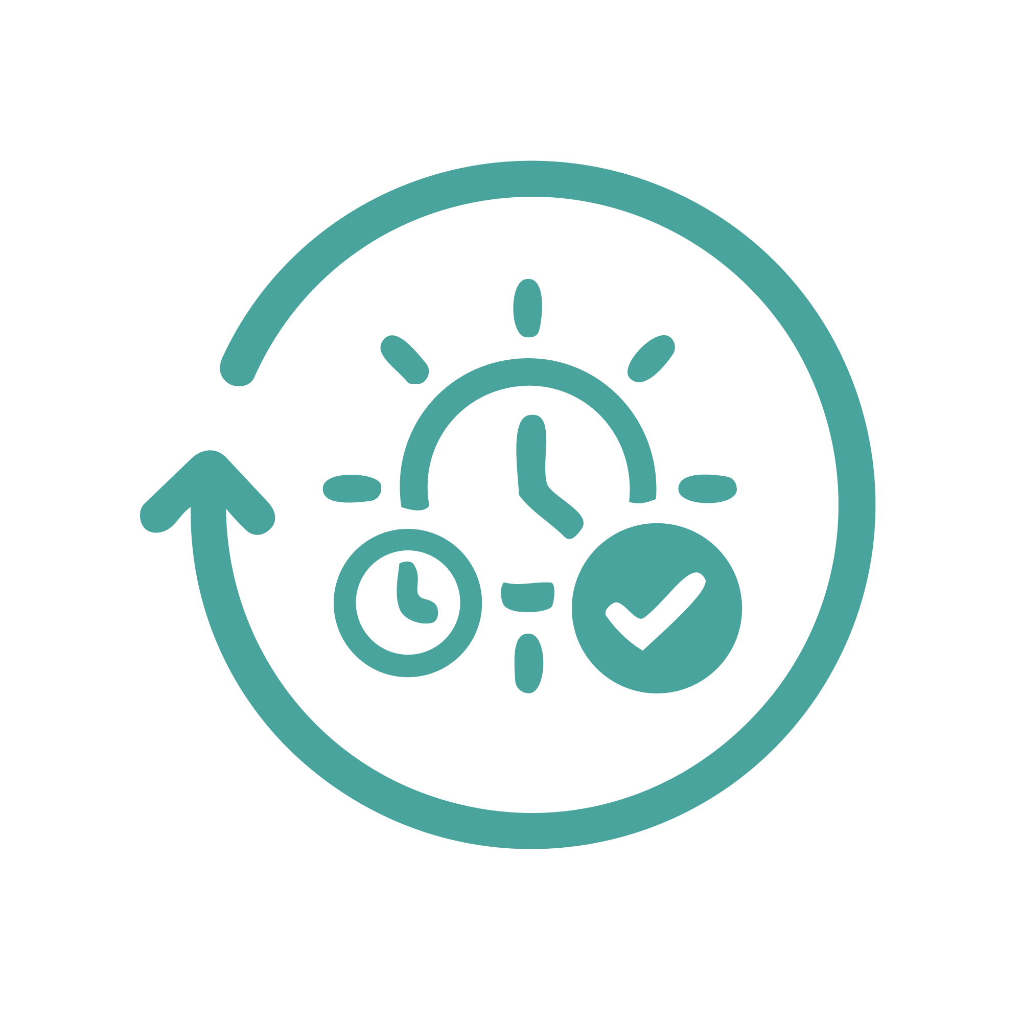 Icon showing clocks, checkmark, and a circular arrow representing time management or scheduling.