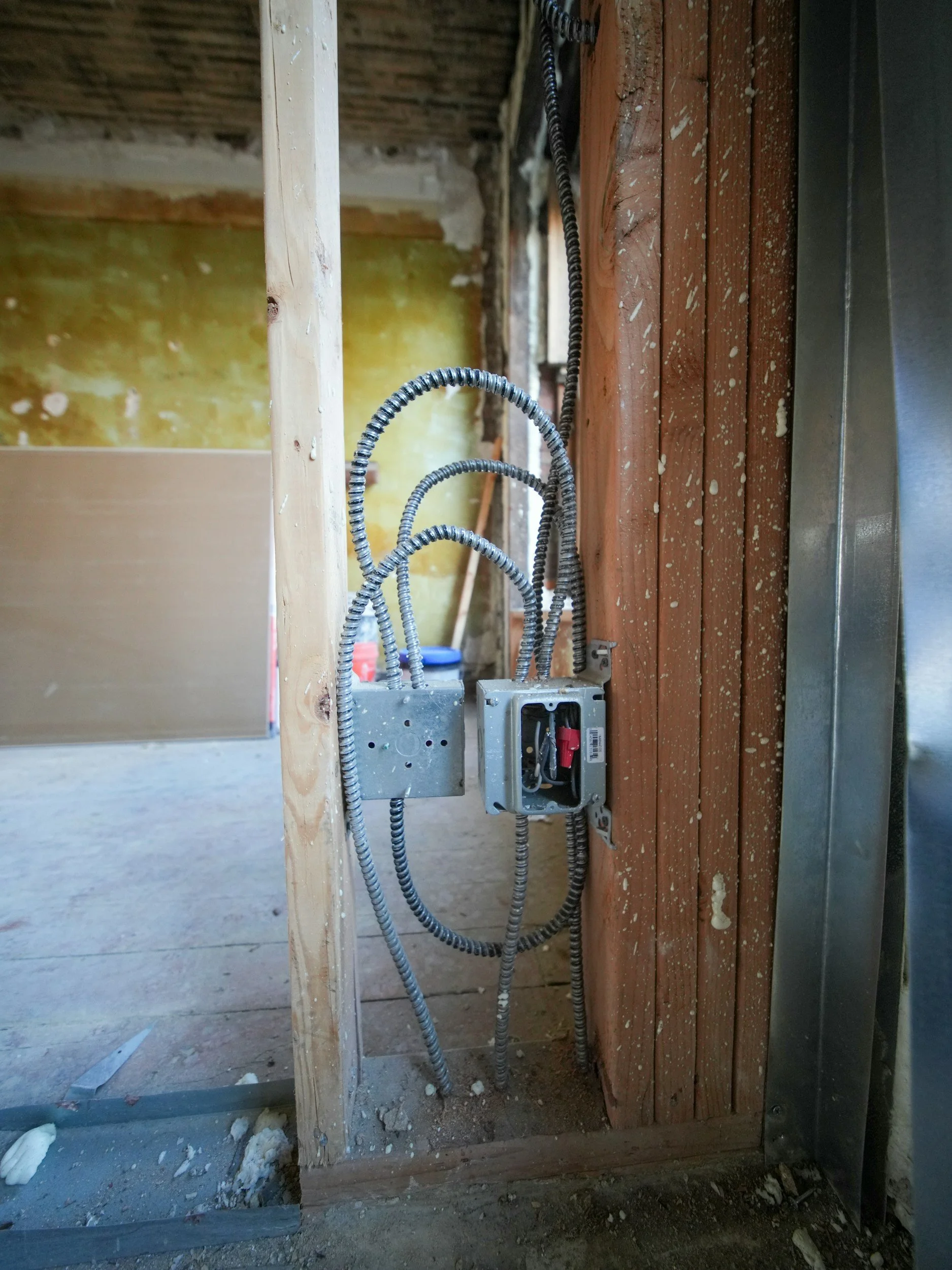 Electrical box on a stud at rough-in, as Collins Electric plans in Healdsburg, CA. New Construction Electrician Near Me.